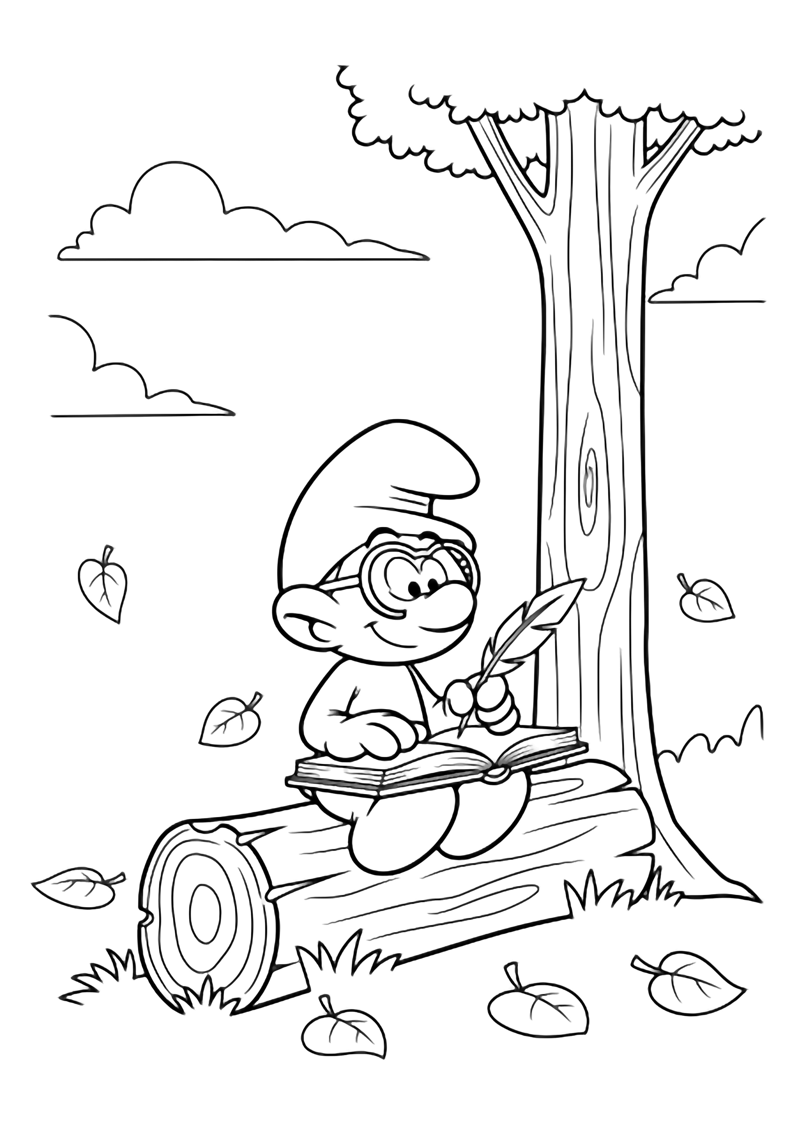 Brainy Smurf sits cross-legged on a log, notebook open, quill ready; fallen leaves circle the base of a single tree trunk under an empty sky. kleurplaat