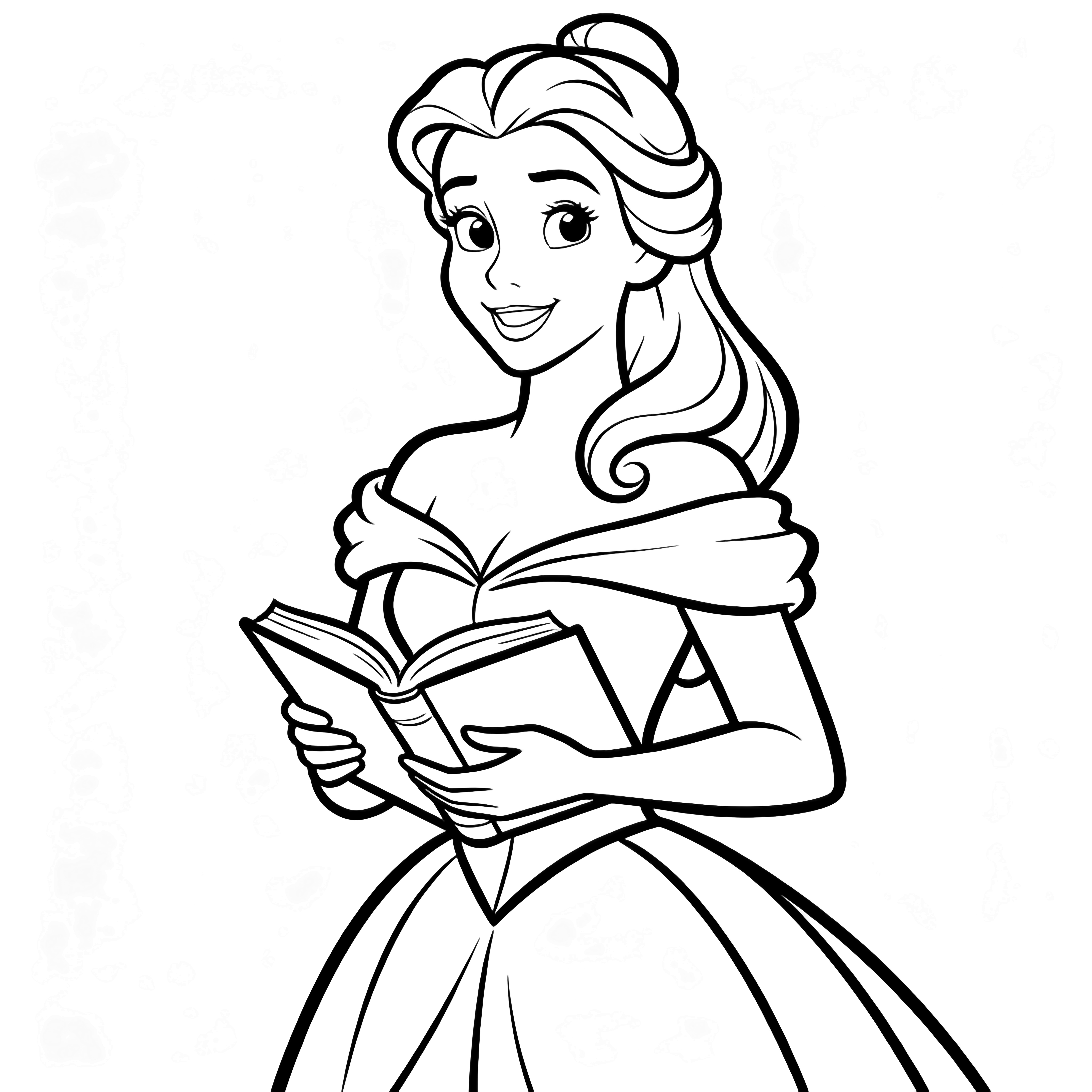 Belle stands smiling, holding an open book at her waist; her hair flows in gentle curves and her dress has soft folds. kleurplaat