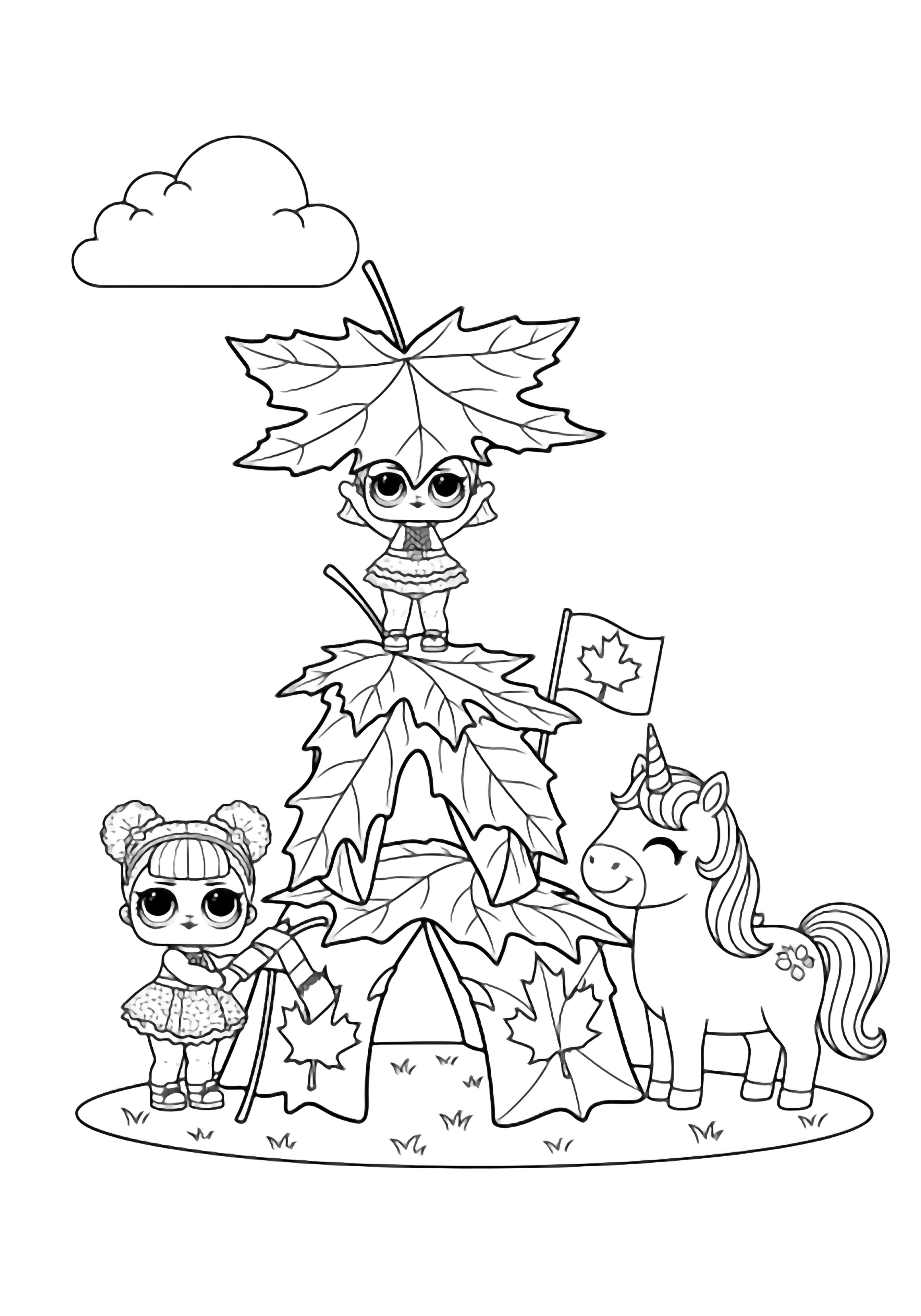 Two LOL dolls and a smiling unicorn build a tiny fort from big maple leaves; one doll holds a leaf roof, the other tapes stems, and a leaf flag touches the unicorn's horn on grassy ground under a fluffy cloud. kleurplaat