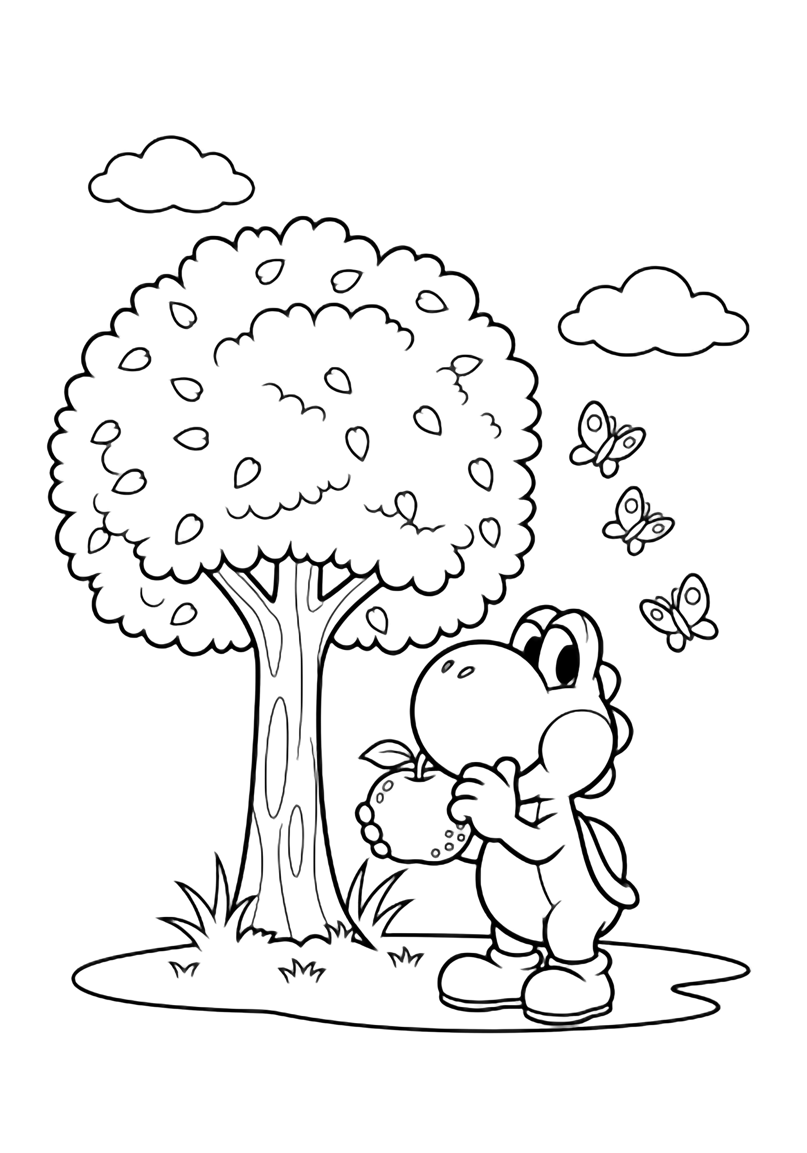 Yoshi under a leafy tree bites a big fruit; three butterflies hover, grass tufts and clouds nearby. kleurplaat