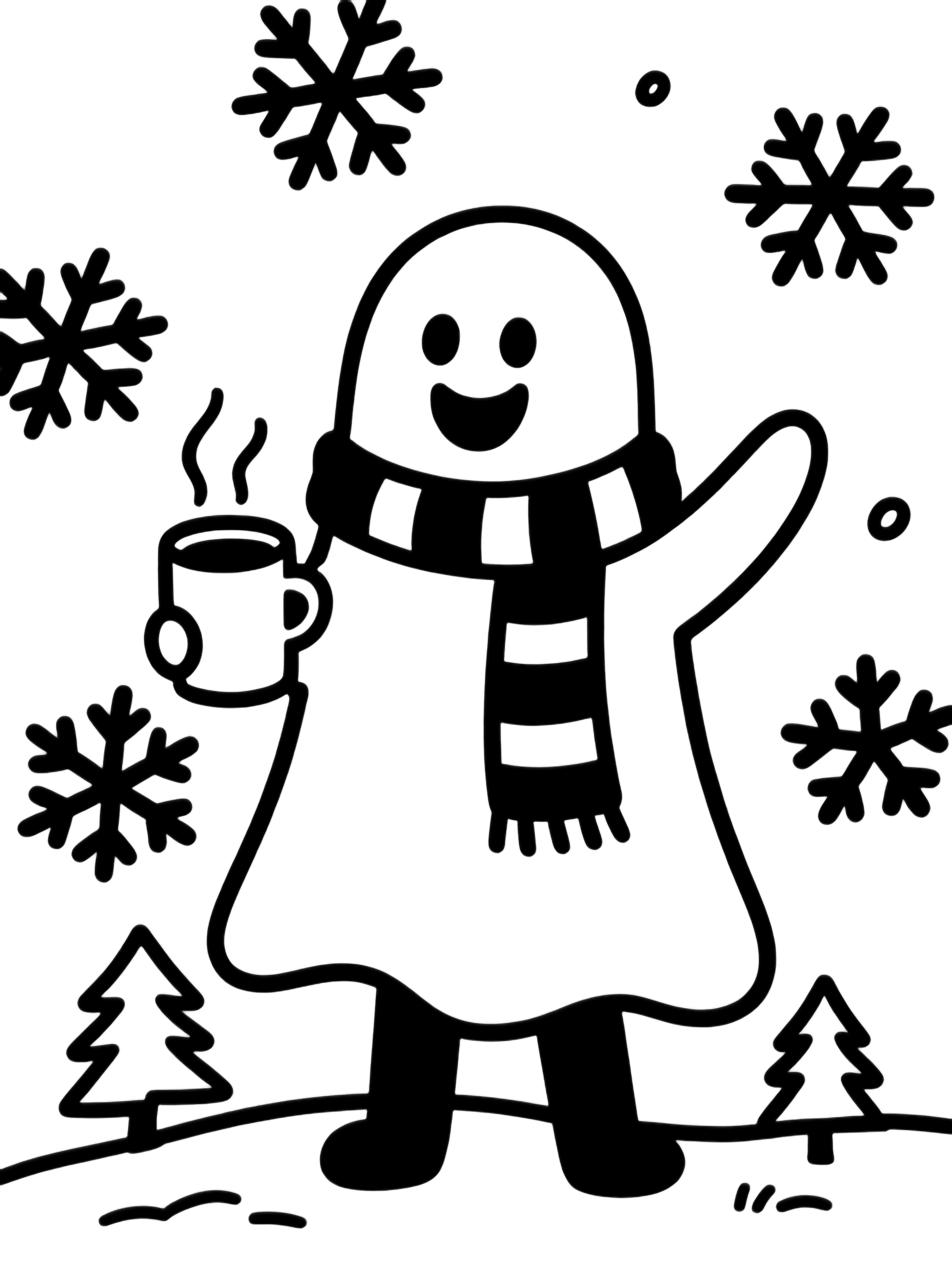 A cheerful ghost with arms wide, striped scarf fluttering, cradles a steaming cup while snowflakes drift above a simple ground line and tiny pine. kleurplaat