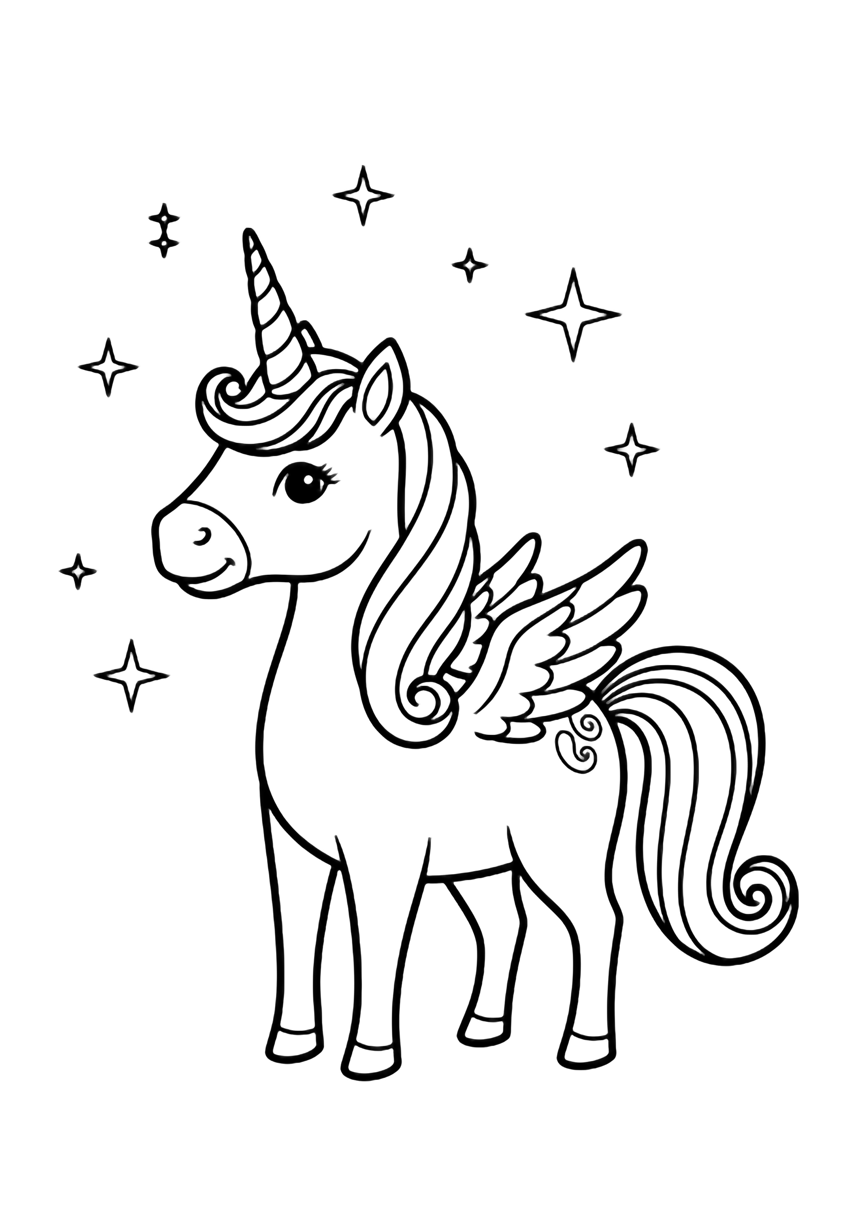 A smiling unicorn with folded wings, spiral mane and tail, surrounded by twinkling stars. kleurplaat