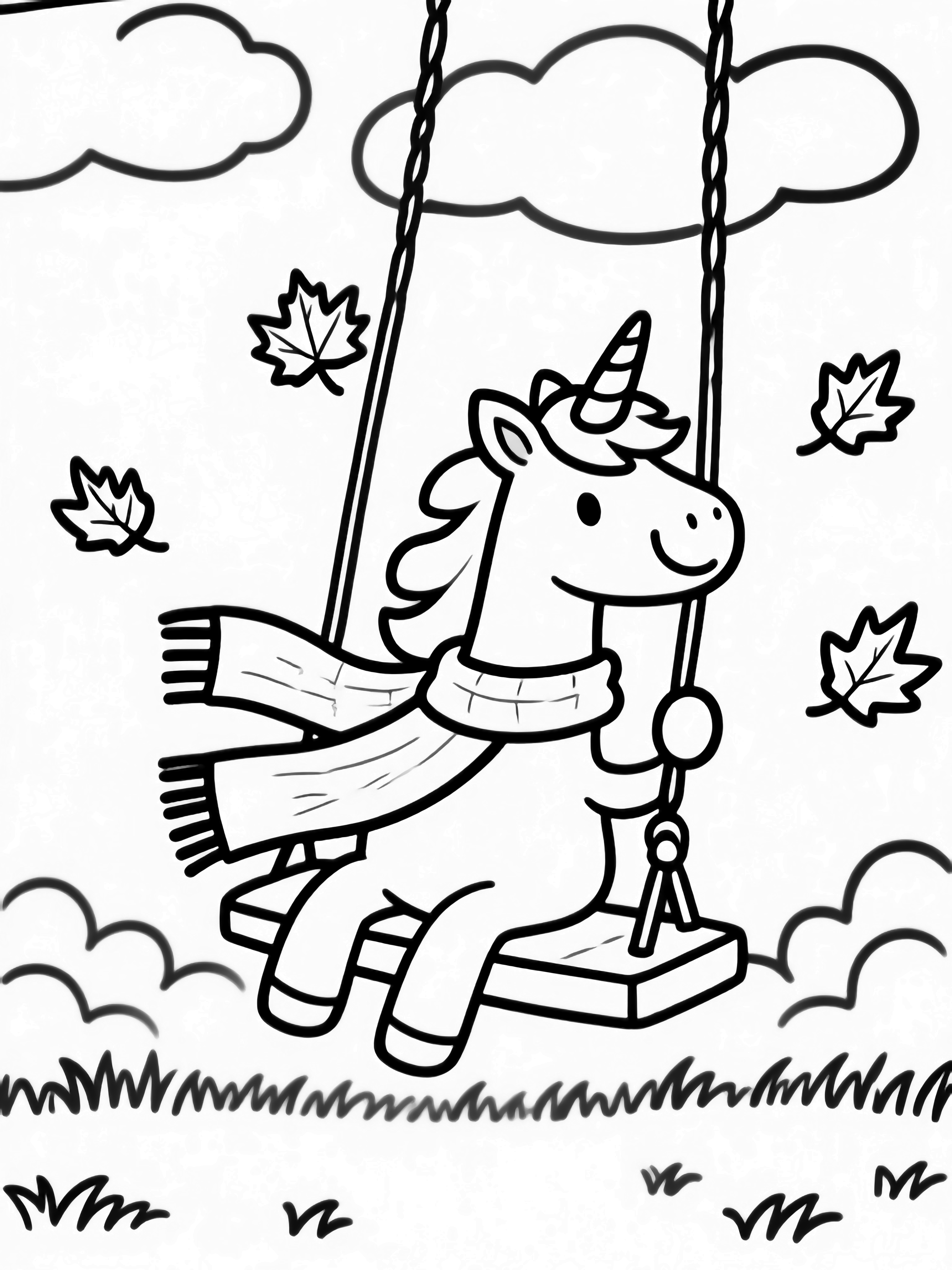 A smiling unicorn on a playground swing, scarf fluttering, maple leaves drifting around, wavy grass and clouds behind. kleurplaat