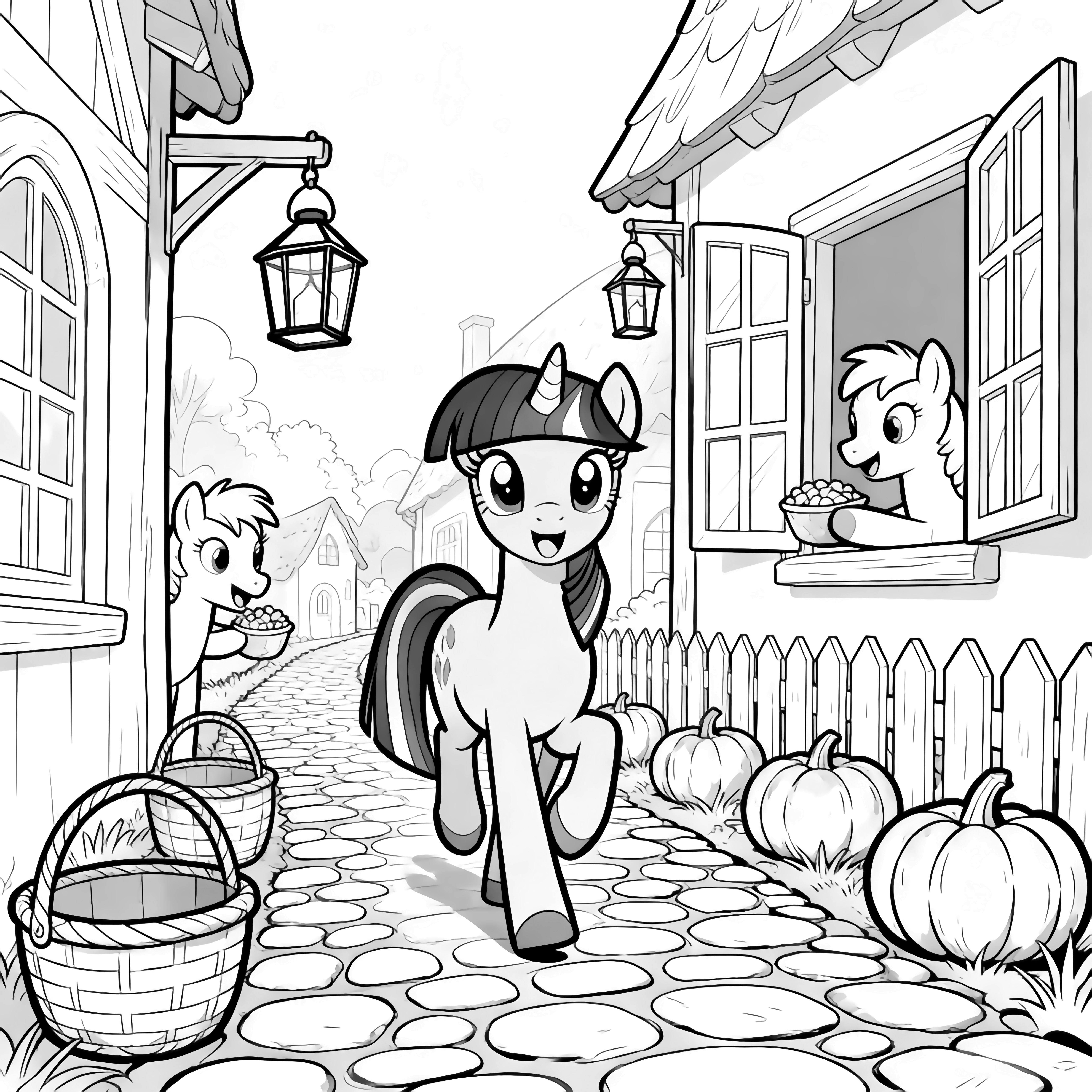 Twilight Sparkle trots along a cobblestone lane past empty pumpkin baskets, lantern frames, smiling foals offering treats, cottage windows, and picket fences. kleurplaat