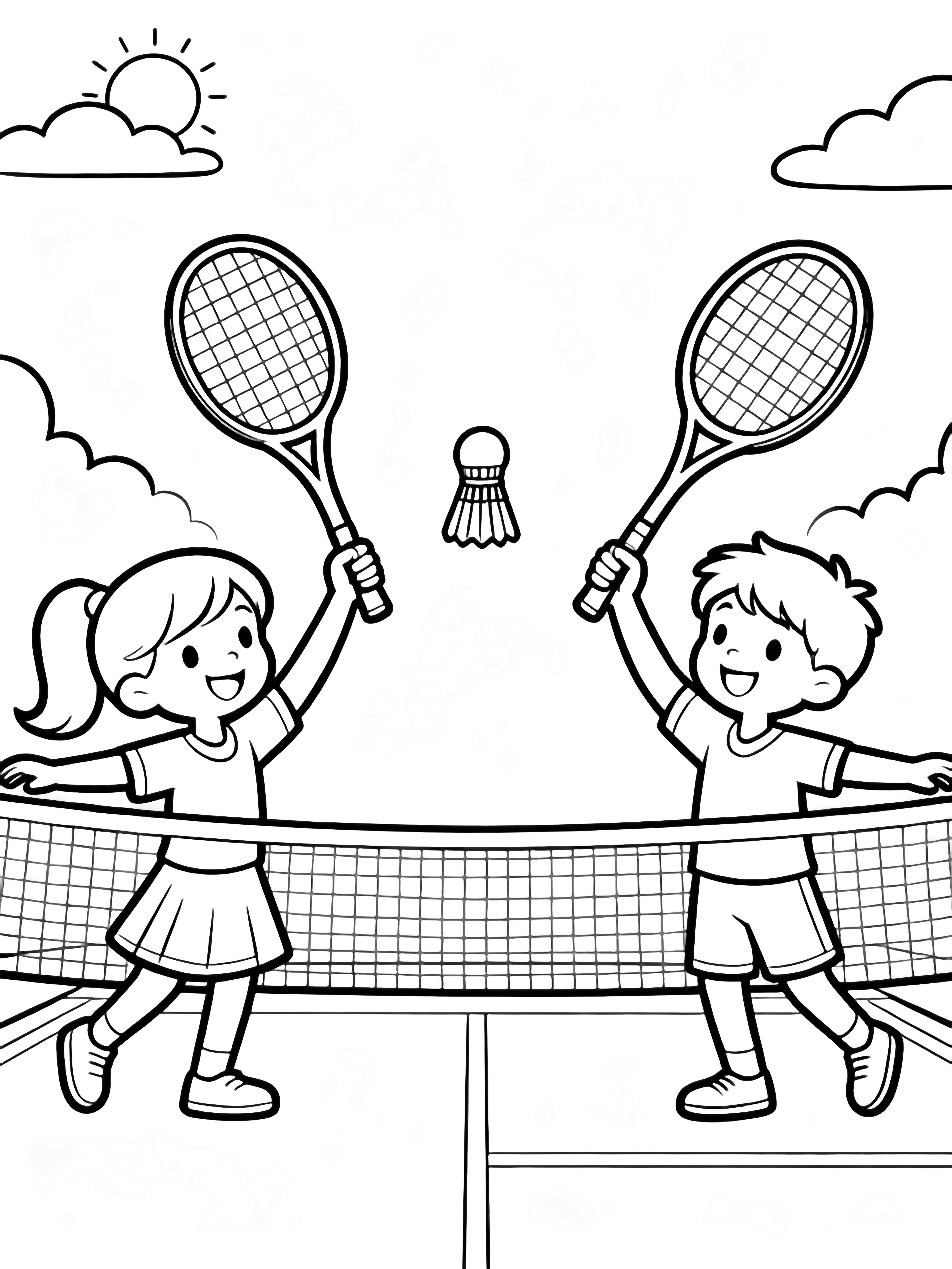 Two happy children face off on a badminton court, rackets raised, shuttlecock frozen between them; a net, ground line, small sun and clouds complete the scene. kleurplaat