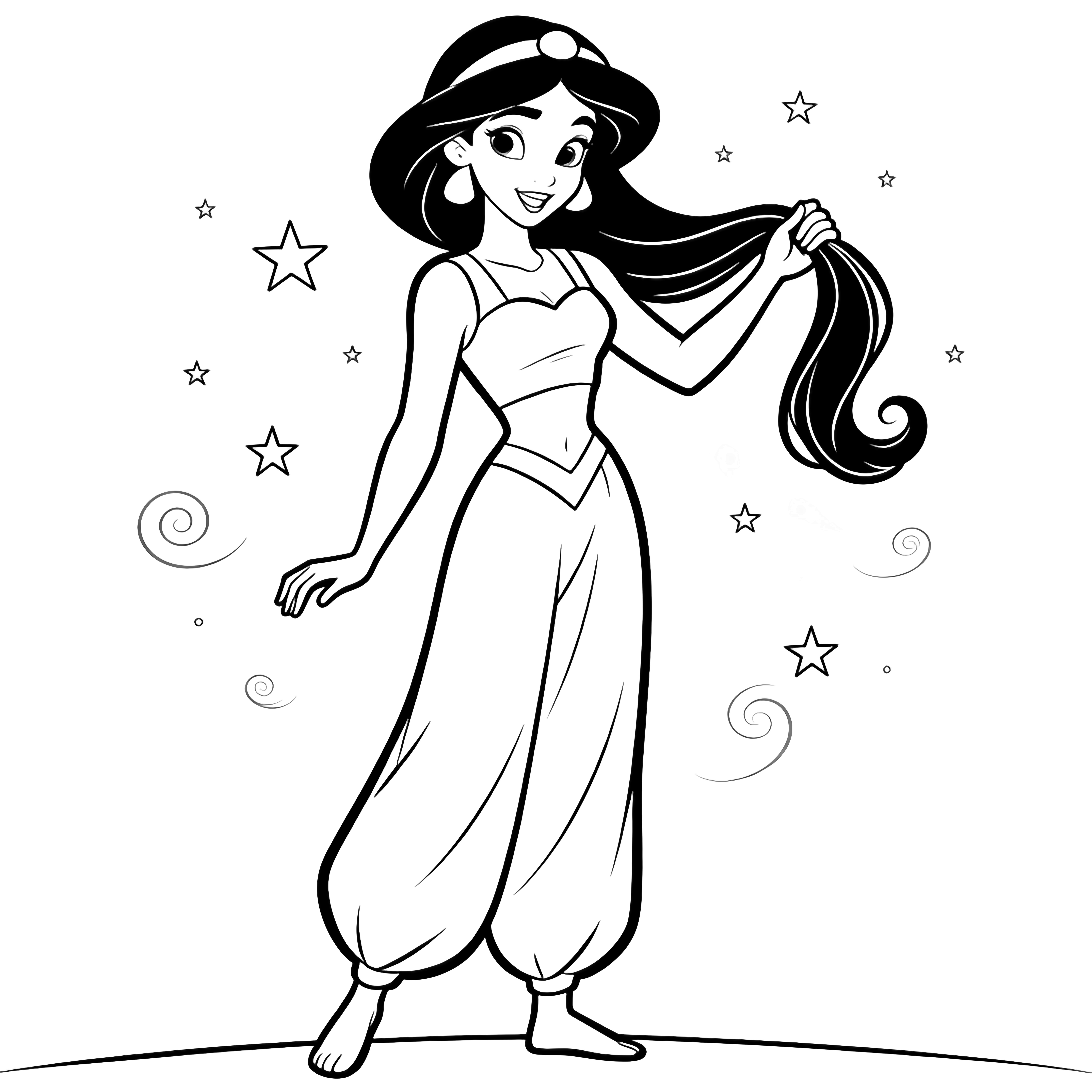 Jasmine stands gracefully twirling a lock of hair, tiny stars and swirls drifting around her. kleurplaat