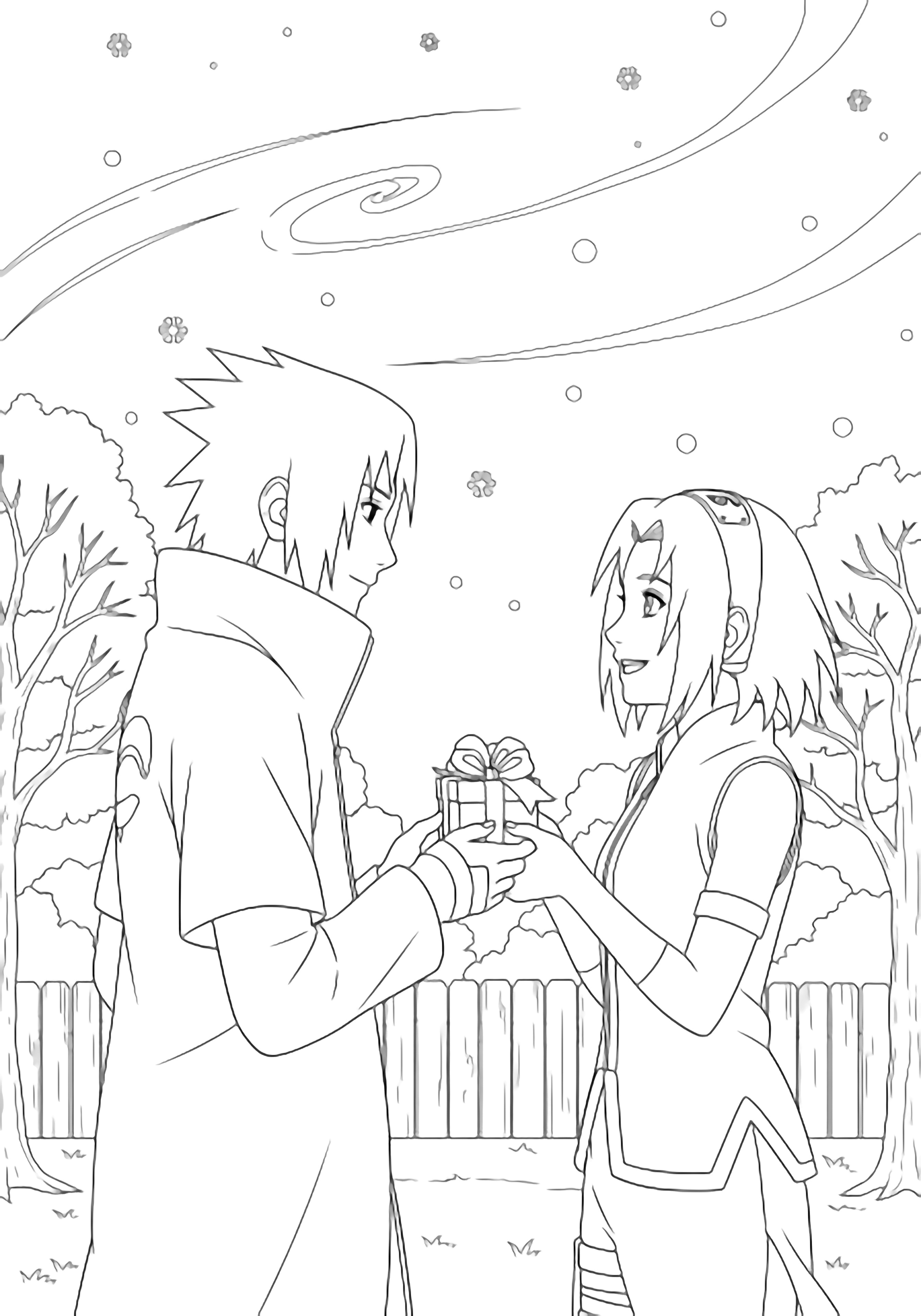 Sasuke and Sakura exchange small ribbon-tied gift boxes, smiling beneath drifting snowflakes; simple trees and a low fence surround them. kleurplaat