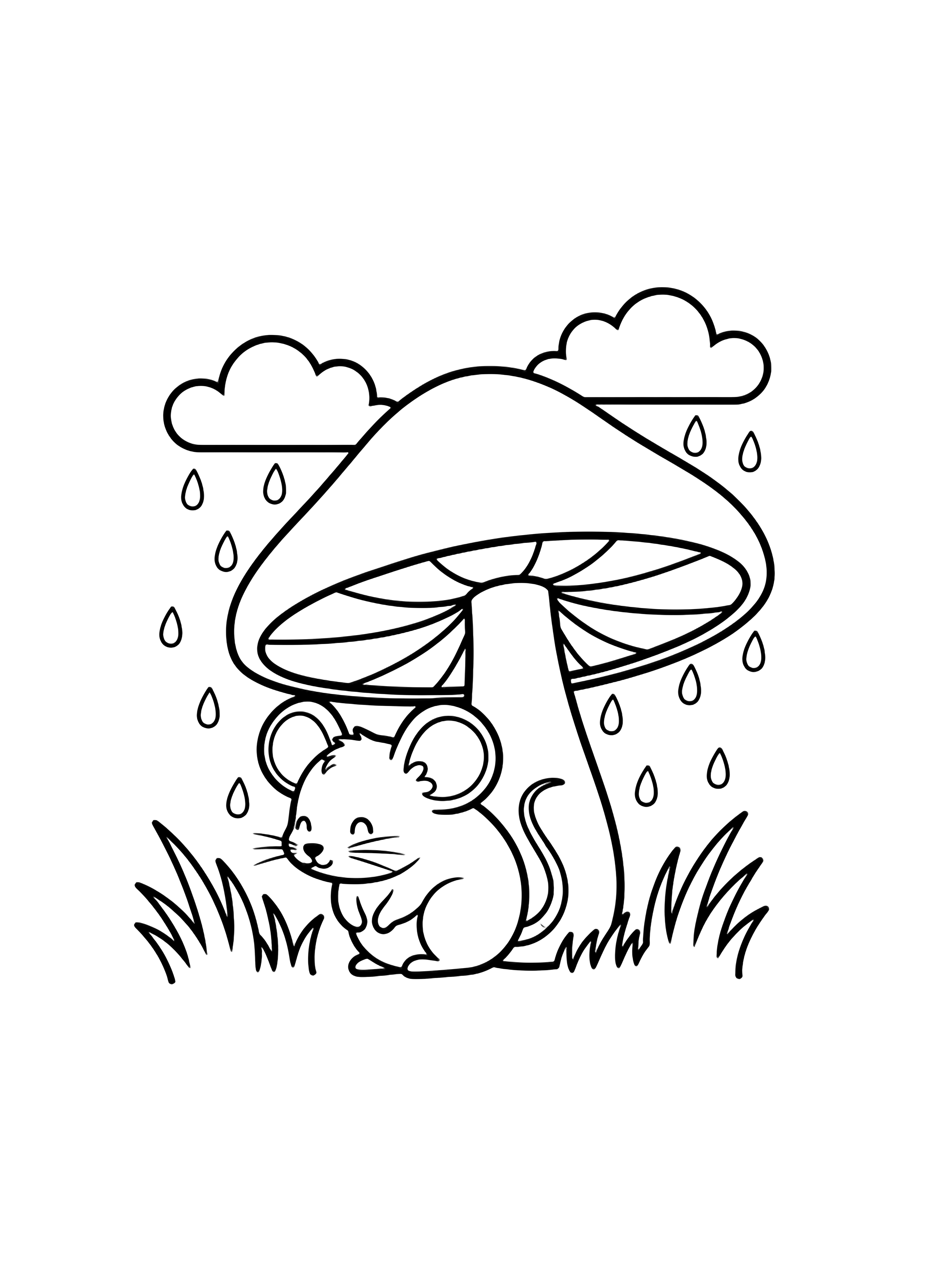 A tiny mouse shelters under a mushroom umbrella while raindrops fall from puffy clouds, grass blades surrounding. kleurplaat