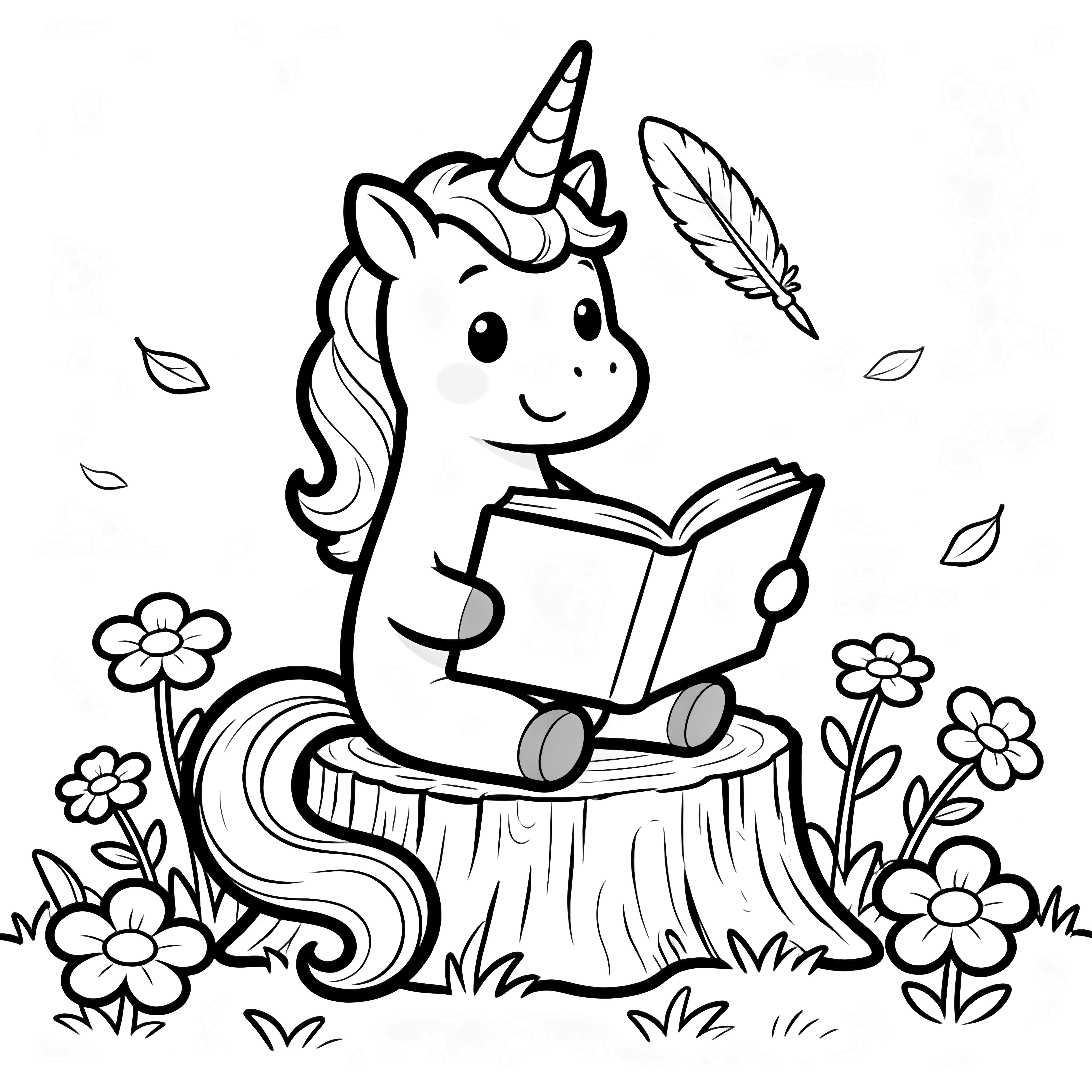 A smiling unicorn sits by a stump, tail curling, holding an open book; a quill hovers near its horn amid simple flowers and drifting leaves. kleurplaat