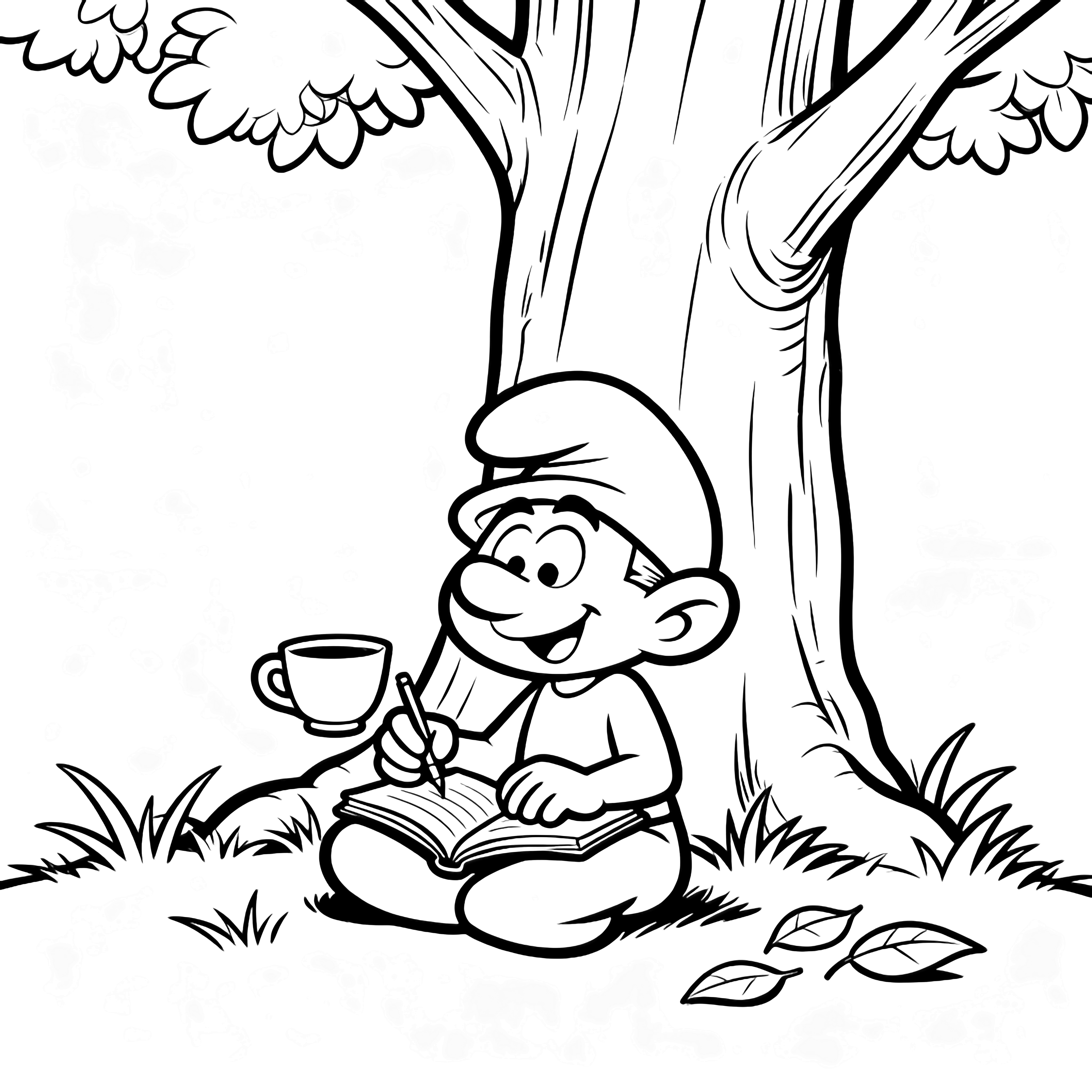 Brainy Smurf sits cross-legged under a big smooth tree, holding a teacup and notebook, smiling while he writes; grass and a few leaves surround him. kleurplaat