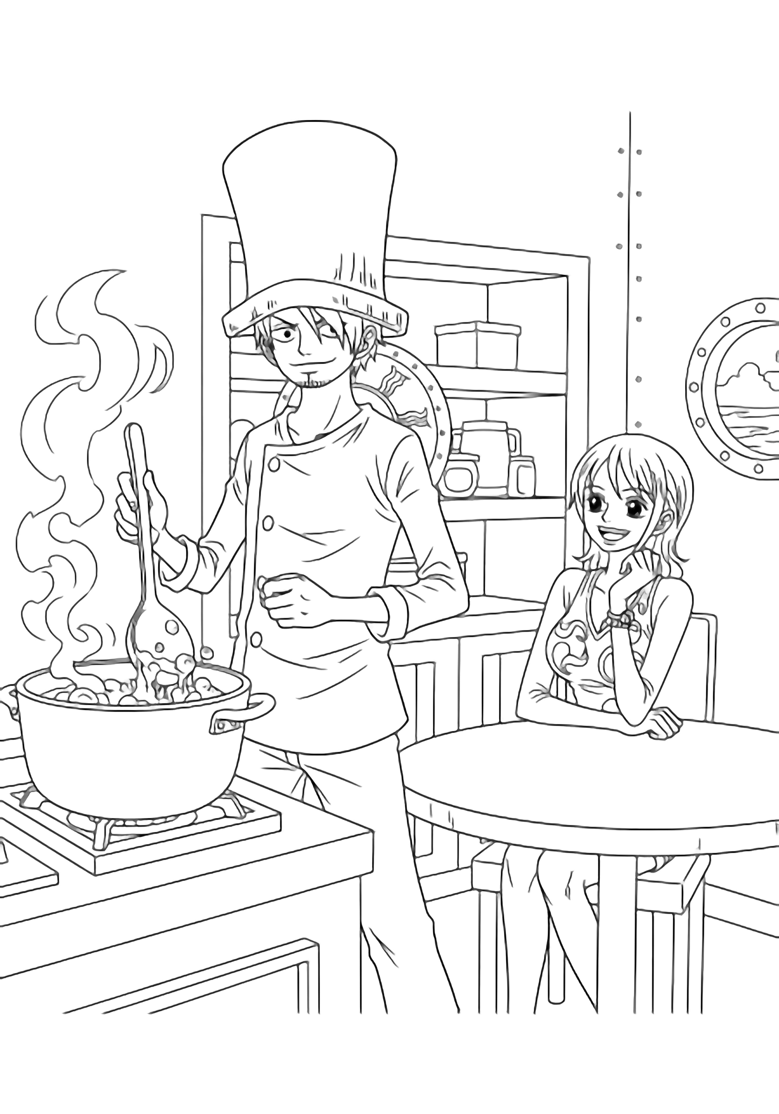 Sanji stirs a pot at the stove, tall chef hat; Nami smiles at the table, kitchen shelves behind, porthole, wavy steam. kleurplaat