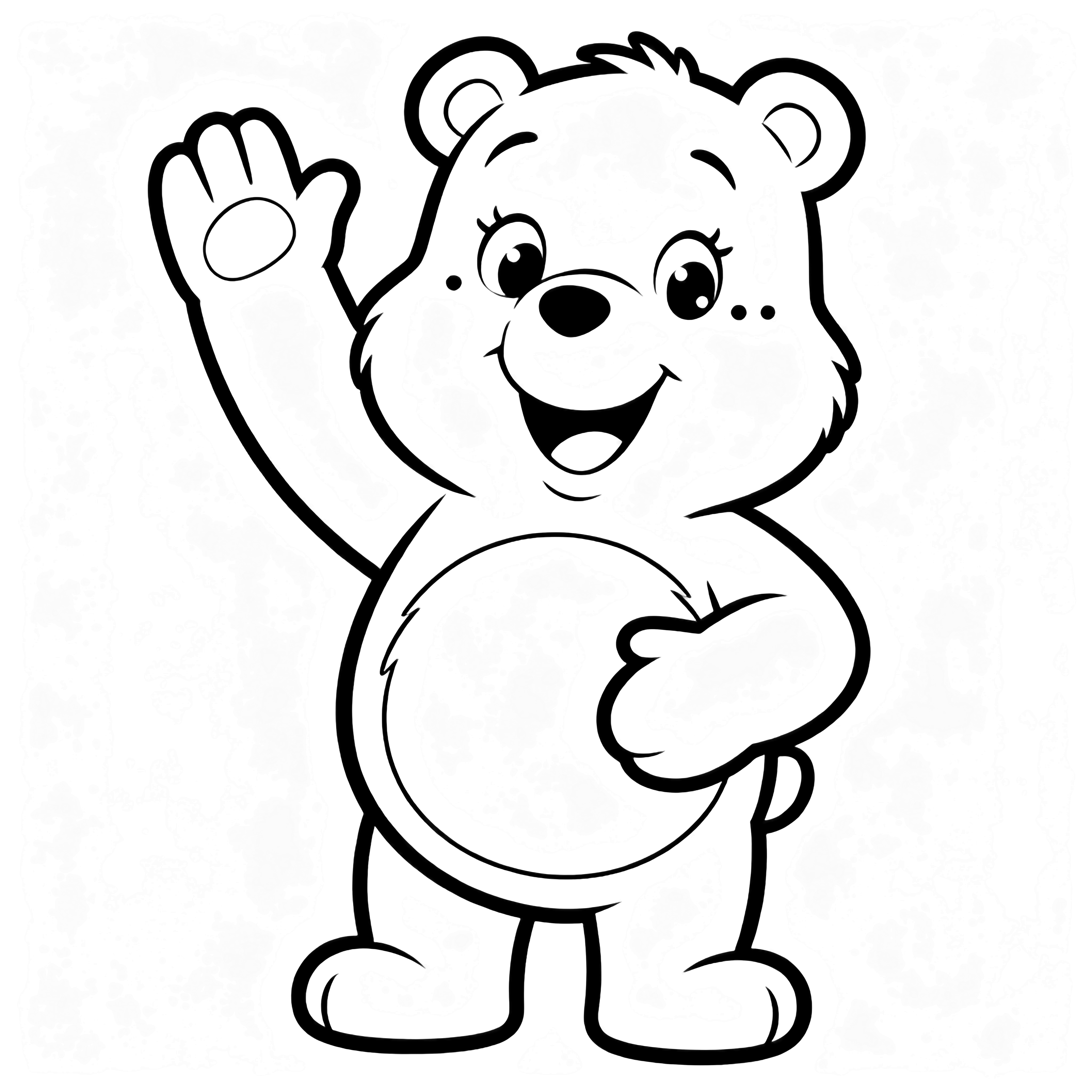 A cheerful Care Bear waves with one paw, the other on its belly; tummy symbol outlined, eyes sparkling, big smile. kleurplaat