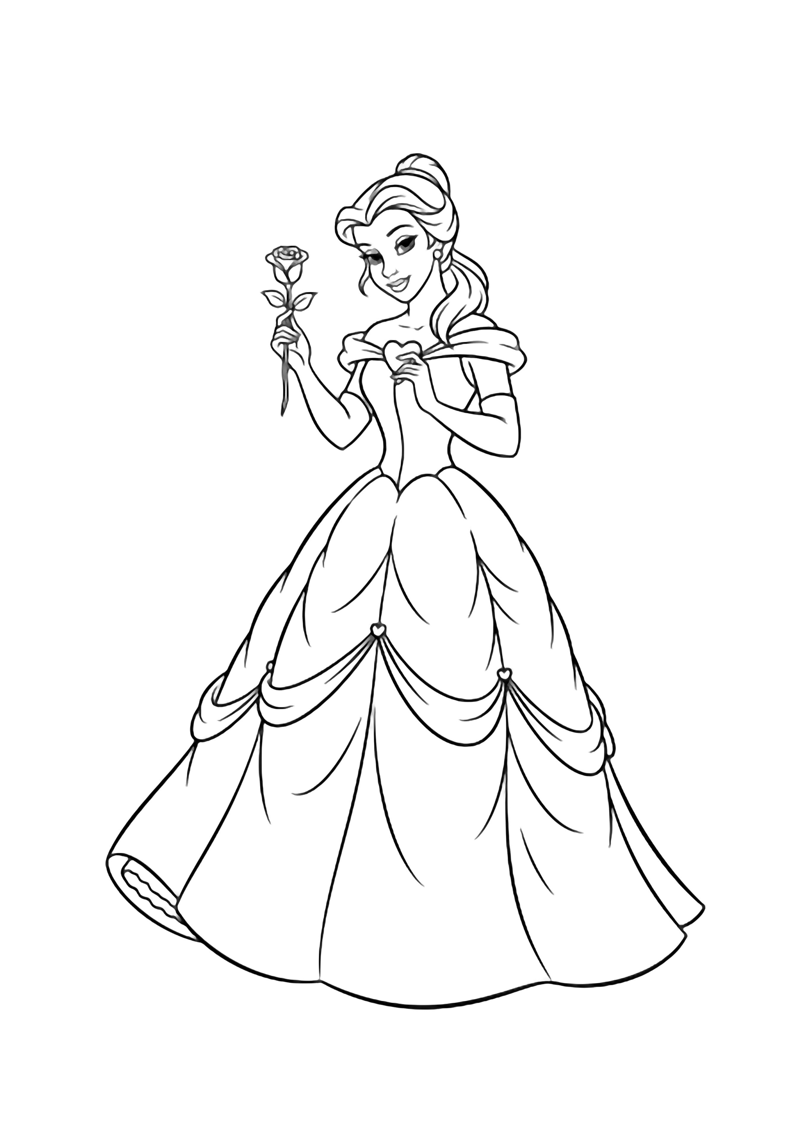 Belle in a flowing ball gown, ponytail with gentle waves, holding a single rose at heart height. kleurplaat