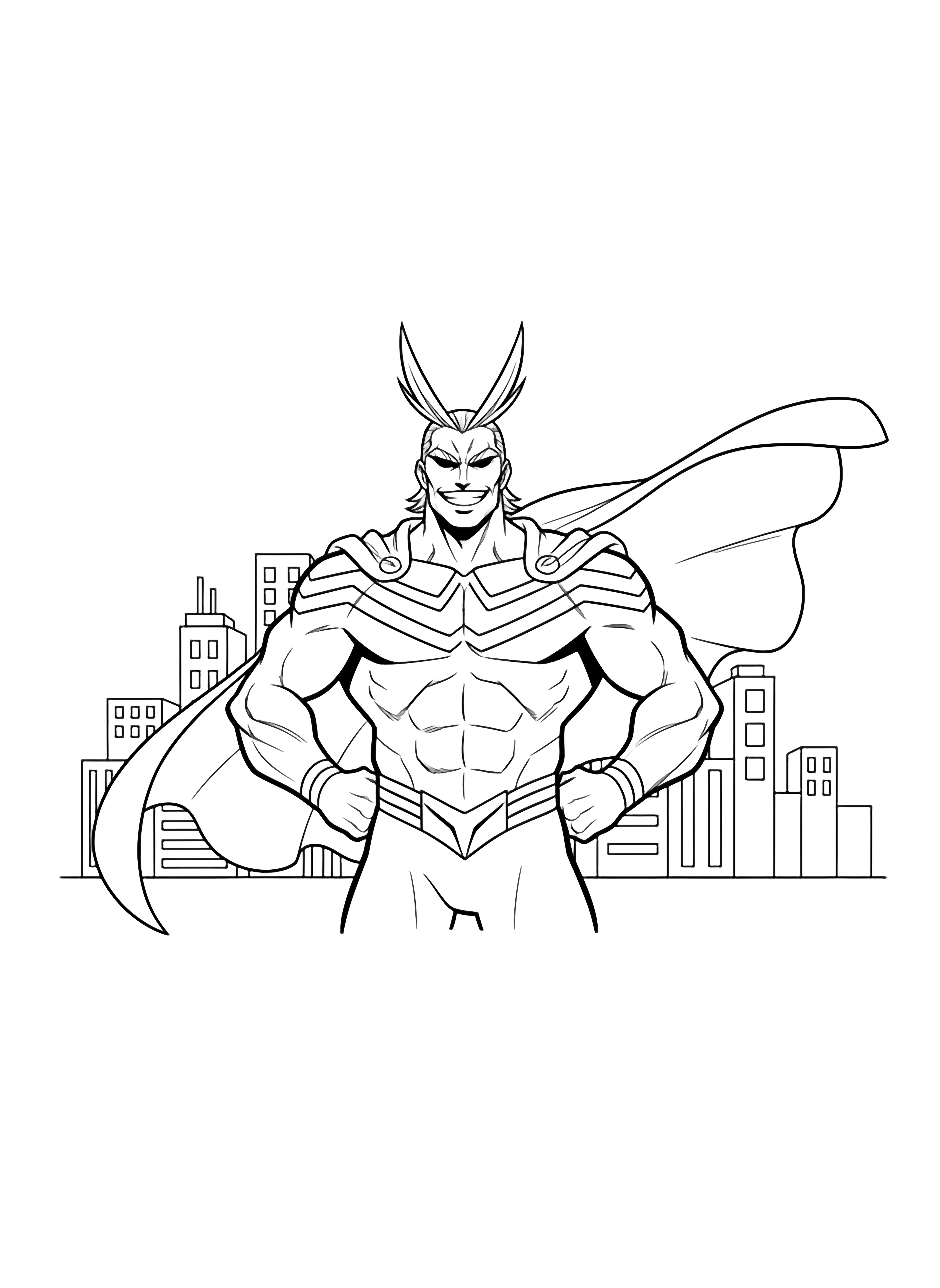 All Might stands with fists on hips, cape billowing, wide triumphant grin; simple city skyline behind. kleurplaat