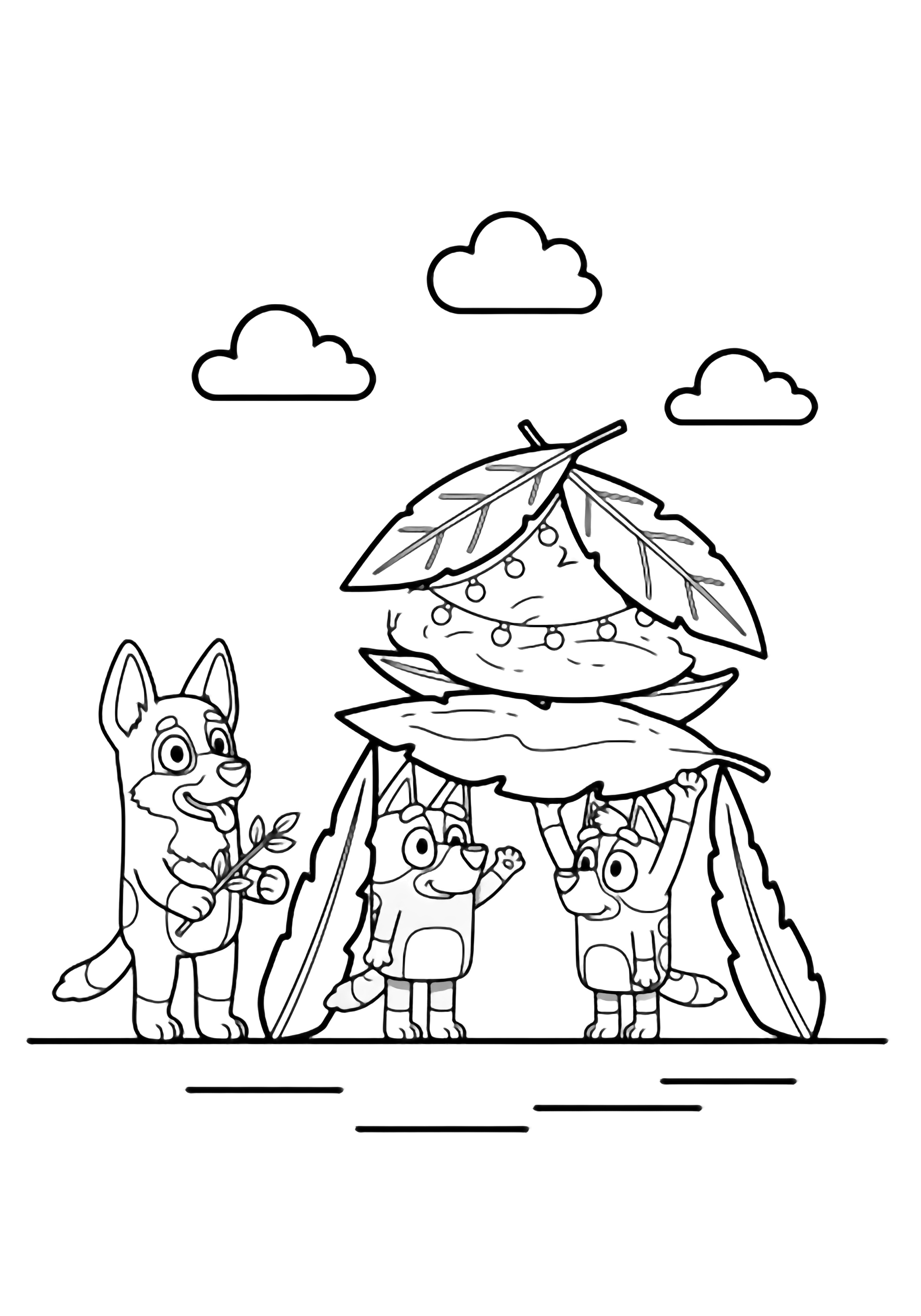 Chase holds a twig while Bluey and Bingo build a leaf fort; fairy-light outlines hang inside, small clouds above. kleurplaat