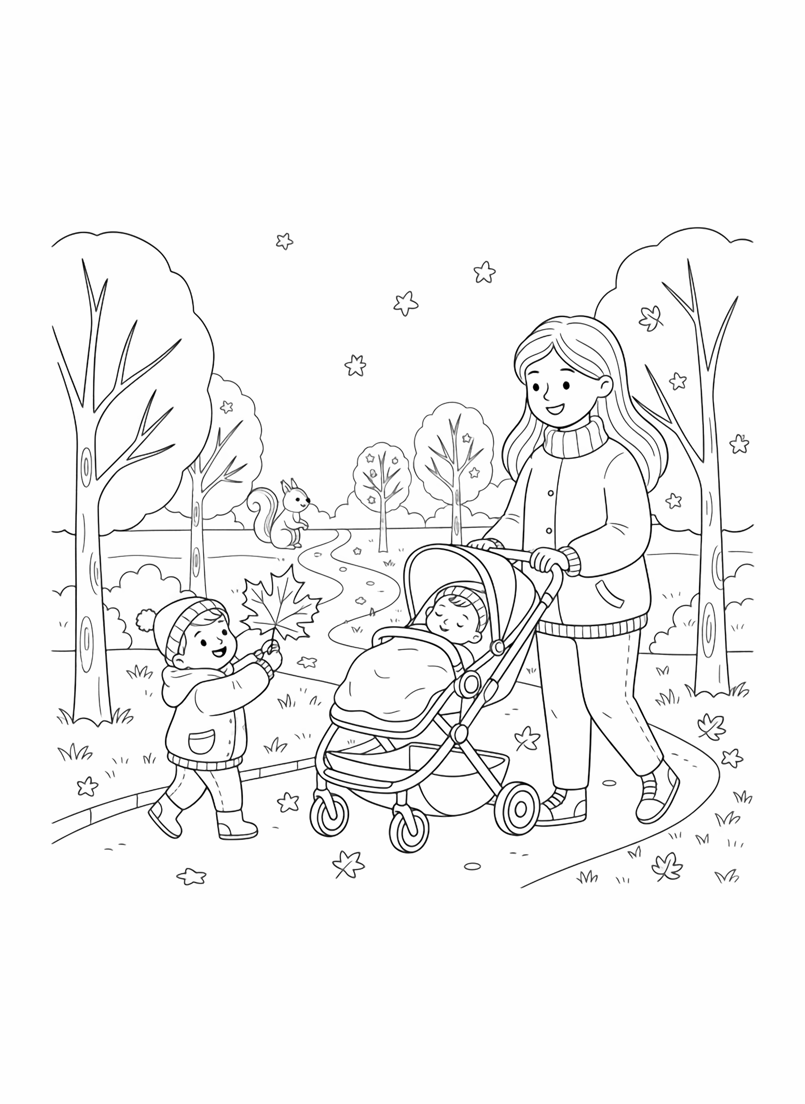 A black and white page of a joyful autumn stroll in the park A loving mama pushes a sleek modern stroller with a peacefully sleeping baby while a cheerful 3 year old toddles alongside holding a big maple leaf like a treasure The path is scattered with gently falling leaves shaped like tiny stars A friendly squirrel clean black and white line drawing minimal shading no colour no fill kleurplaat