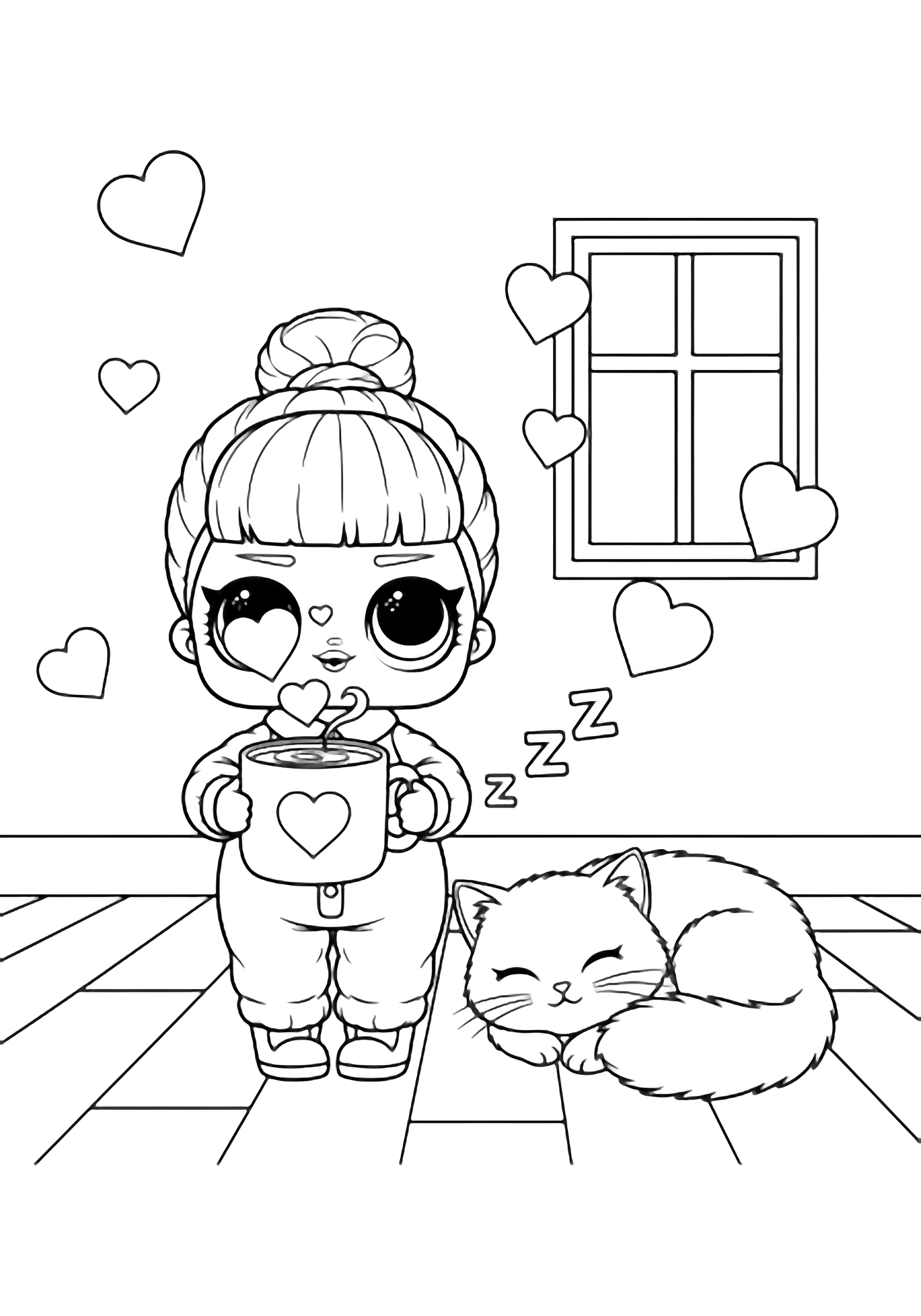 Chibi Sugar LOL doll in puffy pajamas smiles holding a heart-steam mug beside a curled cat, simple floorboards, window, floating hearts. kleurplaat