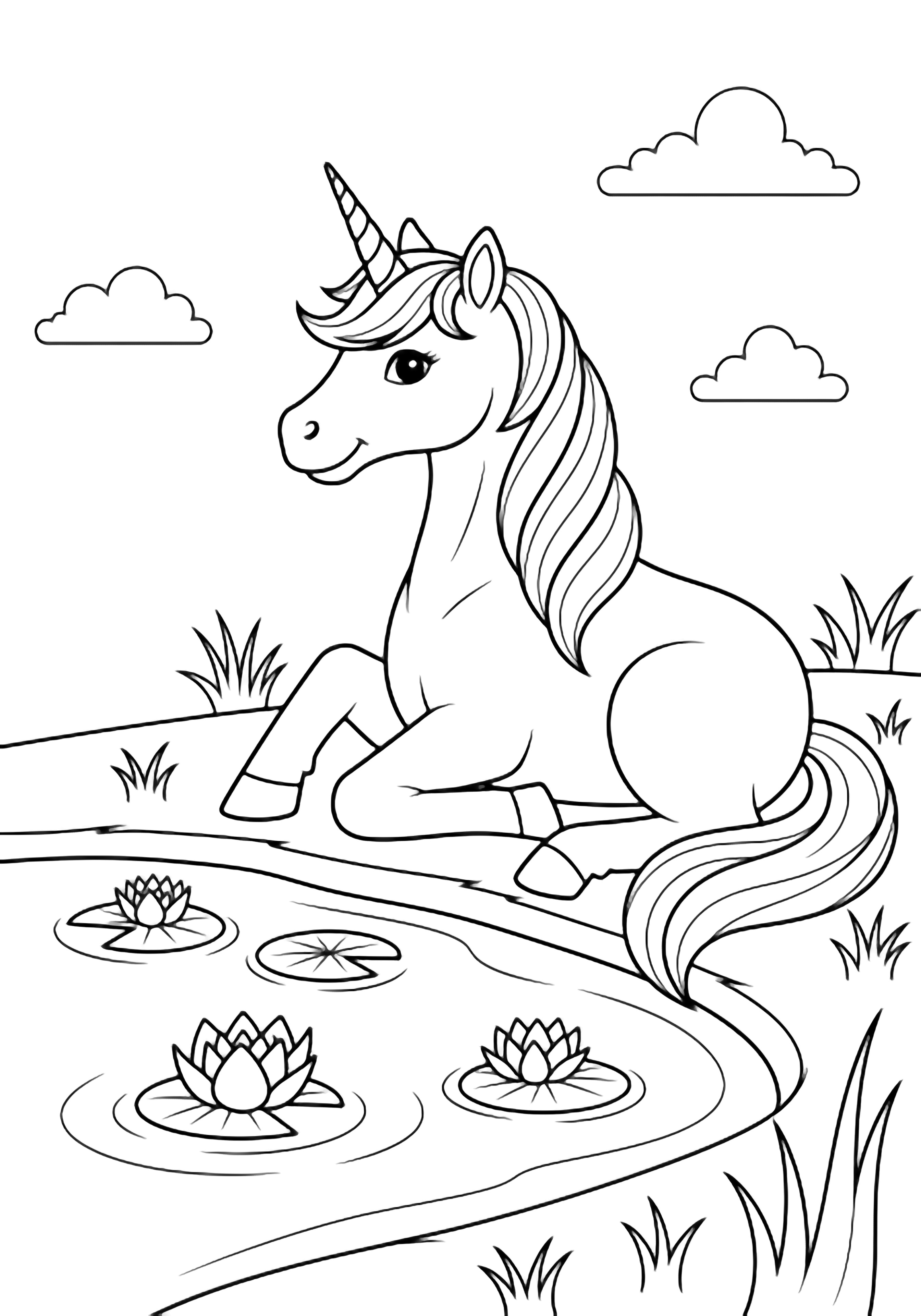 A smiling unicorn sits beside a pond; three lily pads float nearby, framed by tufts of grass and small clouds. kleurplaat