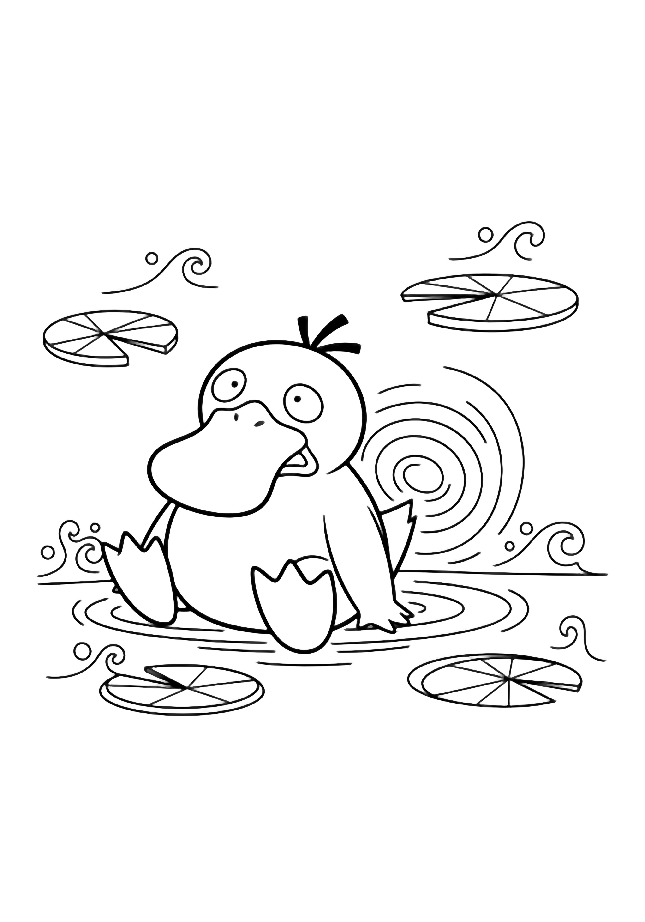 Verbaasde Psyduck zit aan de rand van de vijver, met zijn zwemvliezen plat op de grond, hoofd schuin, snavel open; rimpelingen van zijn staart, waterlelies en kleine golfjes in de buurt. kleurplaat