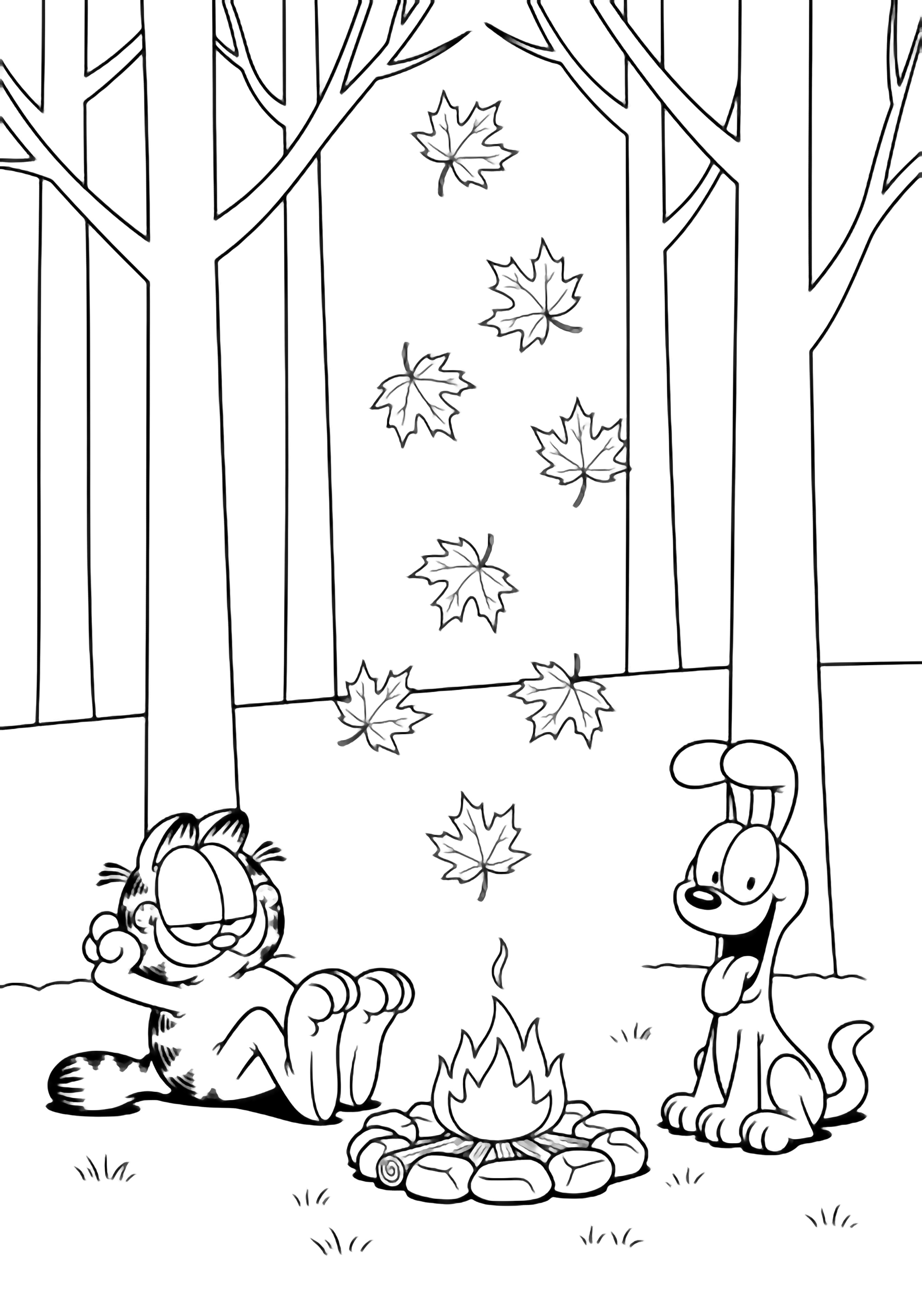 Garfield lounges left, Odie sits right, both gazing at a small campfire; seven maple leaves drift between bare trunks and a distant horizon. kleurplaat