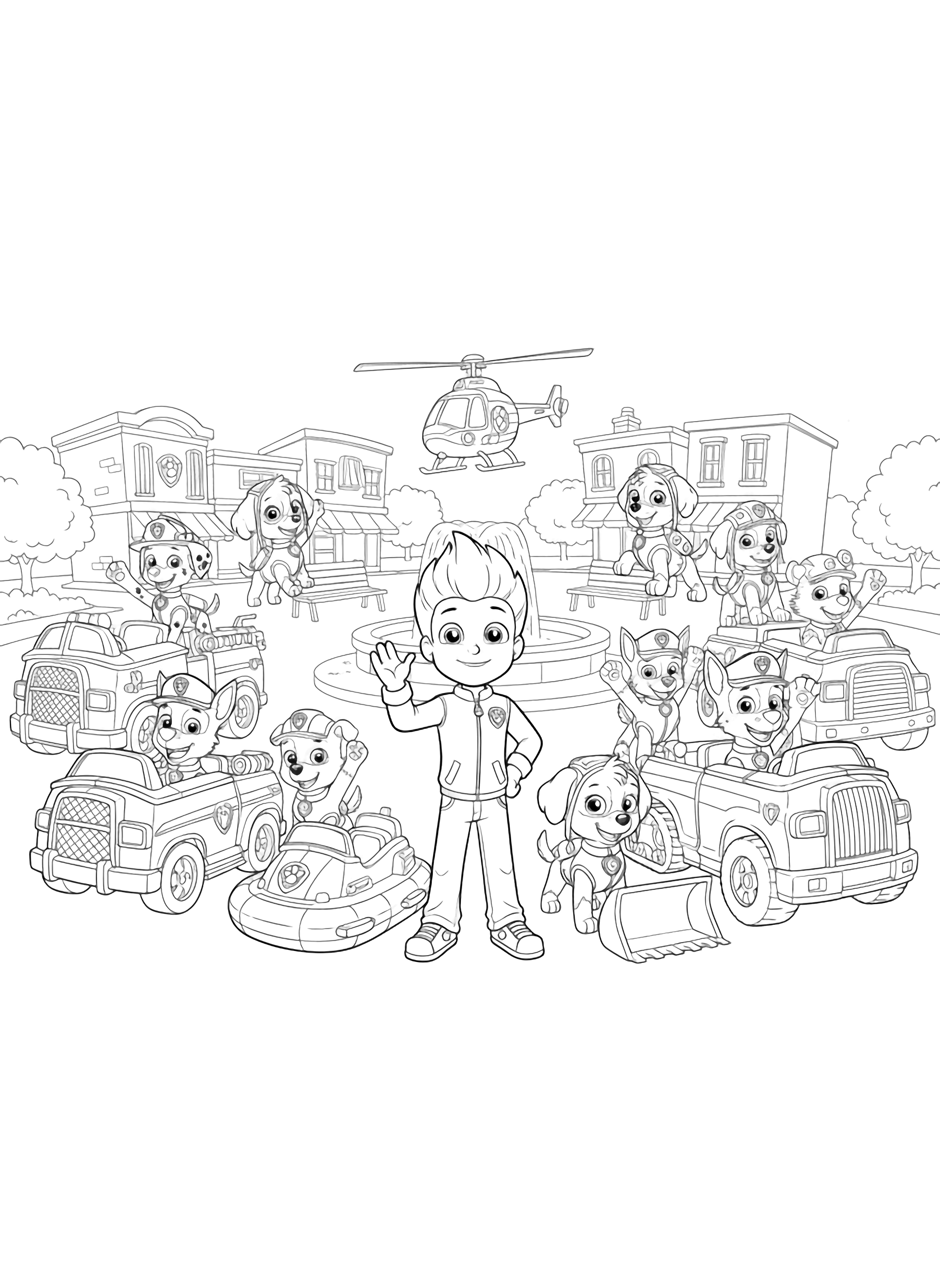 A black and white page showing Ryder standing proudly in the center of Adventure Bay's town square surrounded by the entire PAW Patrol team in a cheerful half circle formation Each pup is captured mid wave with their signature vehicles nearby Chase's police car Marshall's fire truck Skye's helicopter R clean black and white line drawing minimal shading no colour no fill kleurplaat