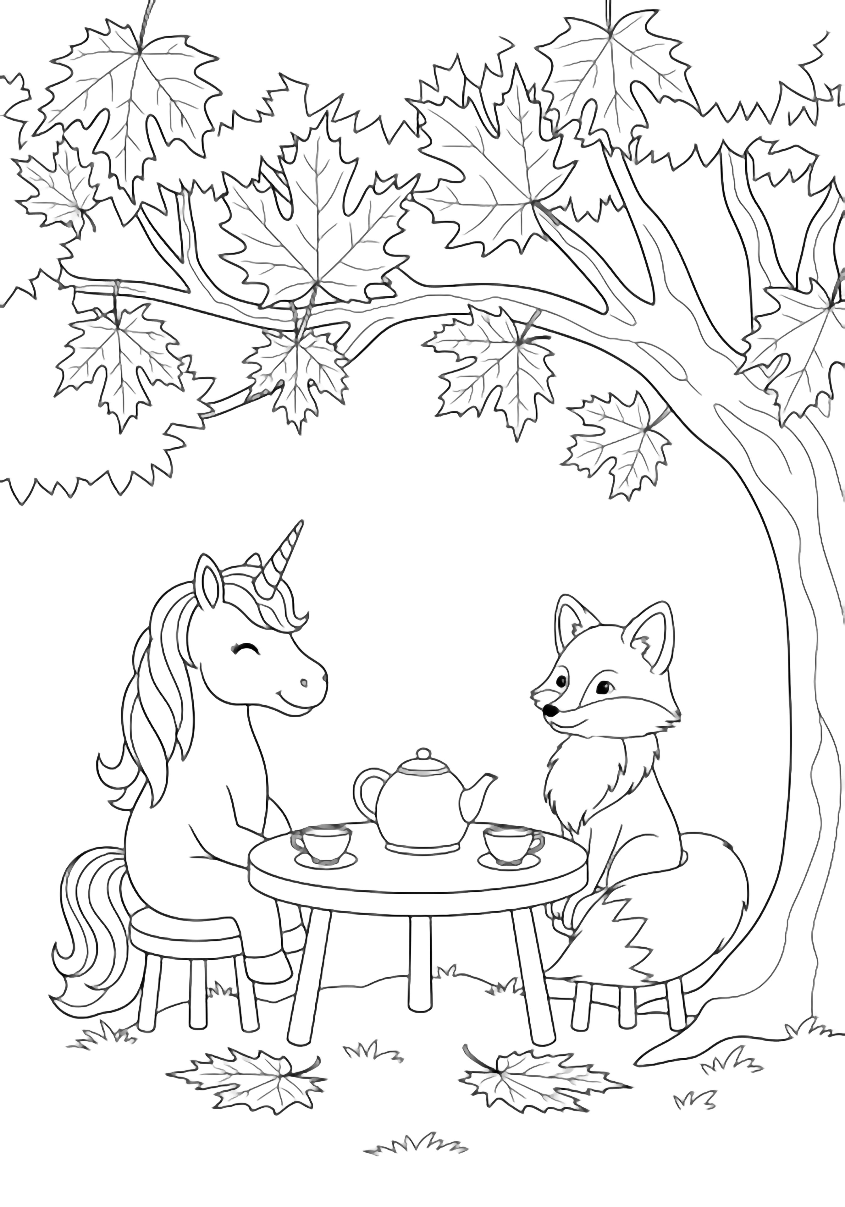 A smiling unicorn and a bushy-tailed fox share tea at a low table beneath a big maple tree, surrounded by fallen leaves. kleurplaat