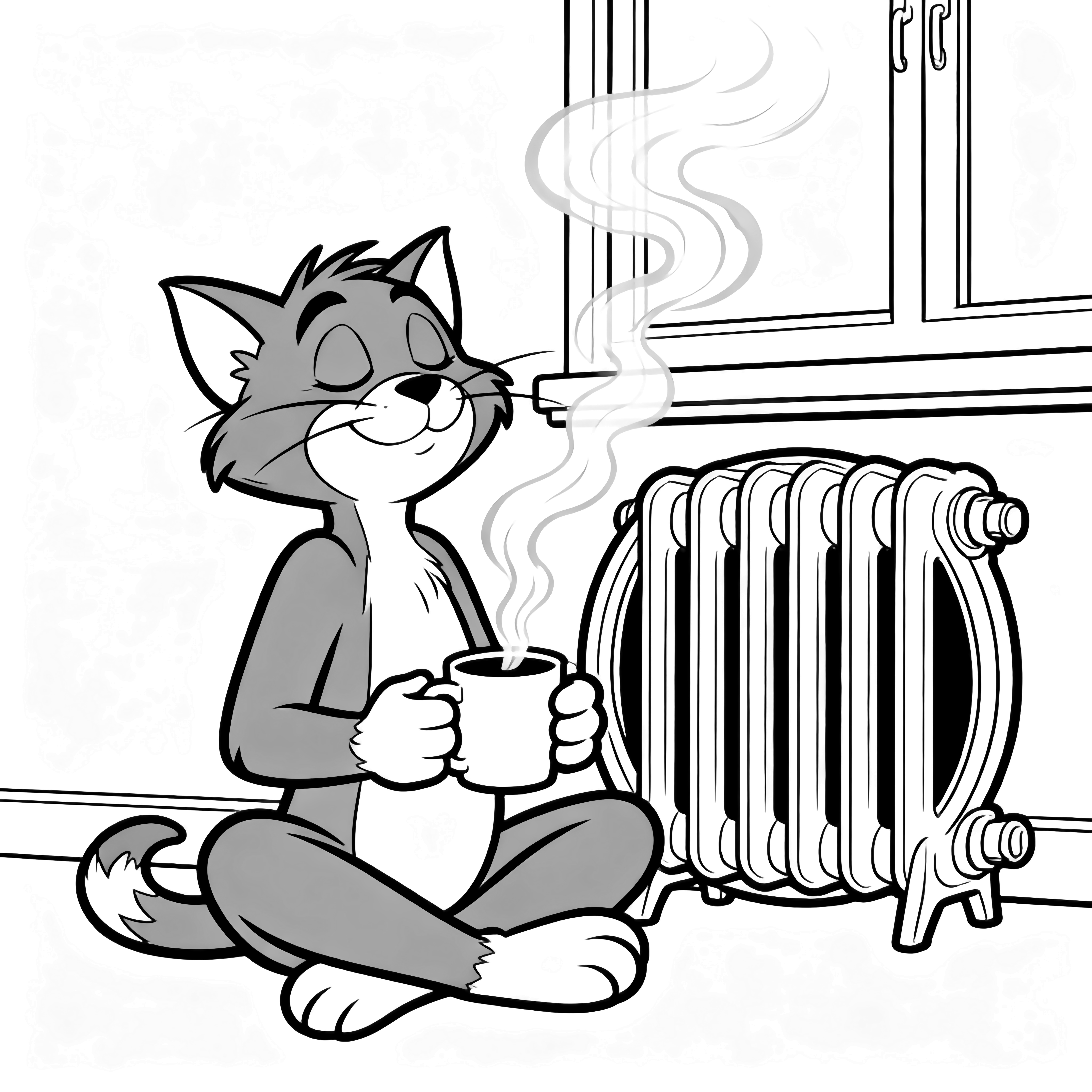 Sylvester the cat sits cross-legged beside a round radiator, cradling a steaming mug, eyes closed in bliss, with a window frame and drifting steam behind him. kleurplaat