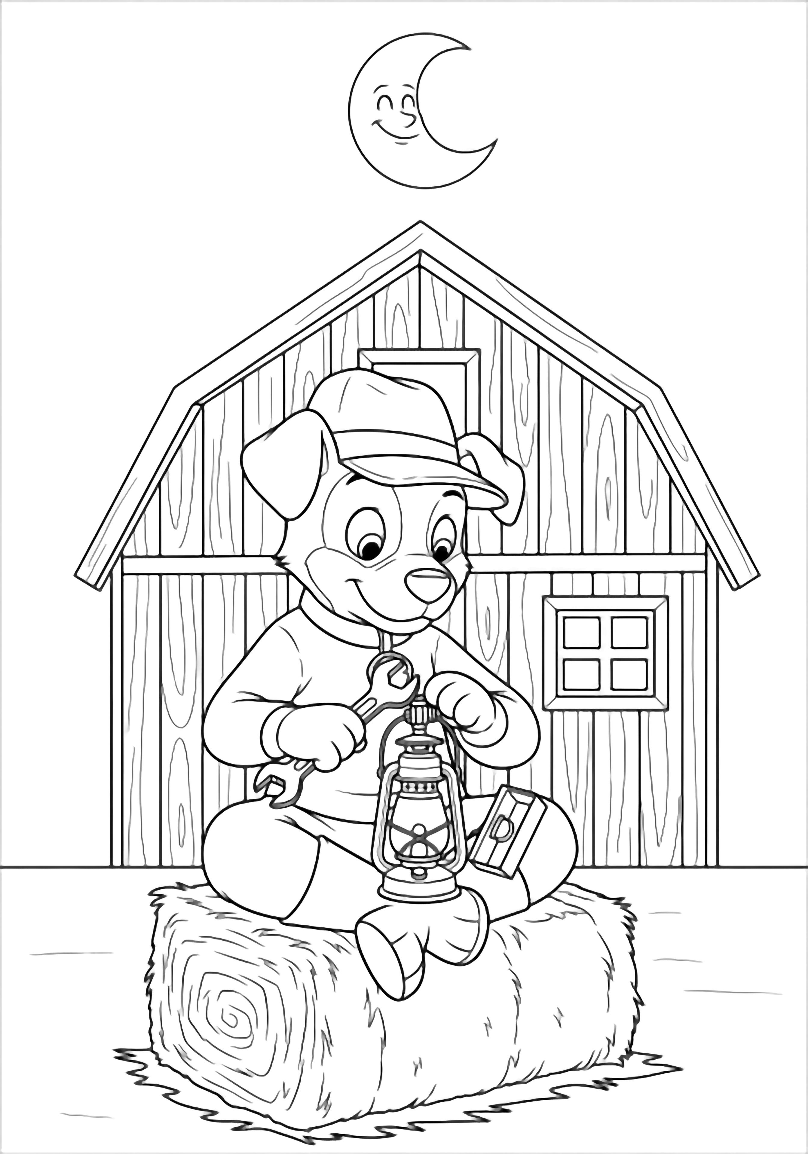 Rocky the pup sits cross-legged on a hay bale, tightening a lantern bolt; behind him a barn wall and a smiling crescent moon. kleurplaat