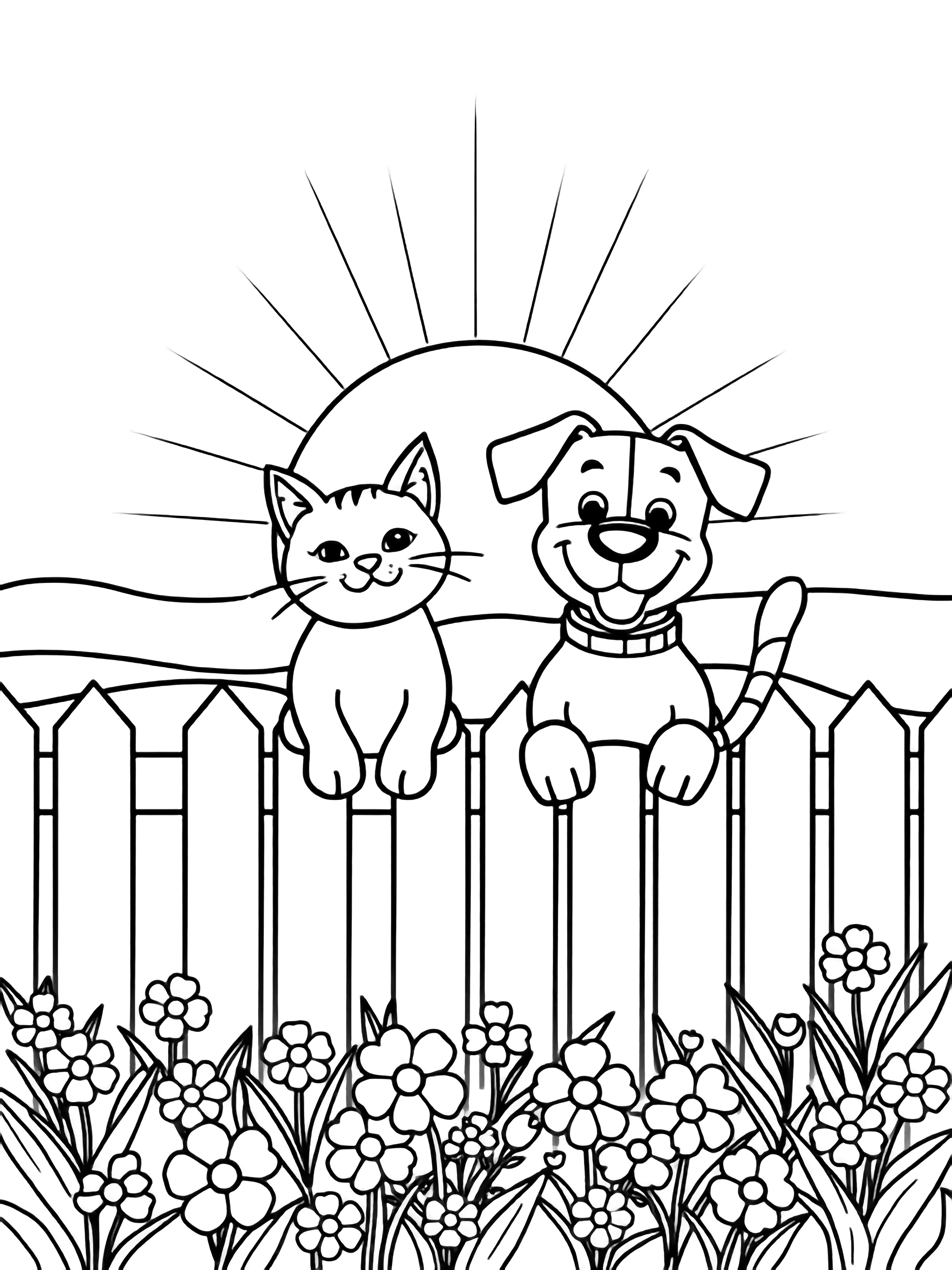 A smiling cat and happy dog sit together beside a picket fence, facing sunrise rays, with garden flowers below and a wavy horizon behind. kleurplaat