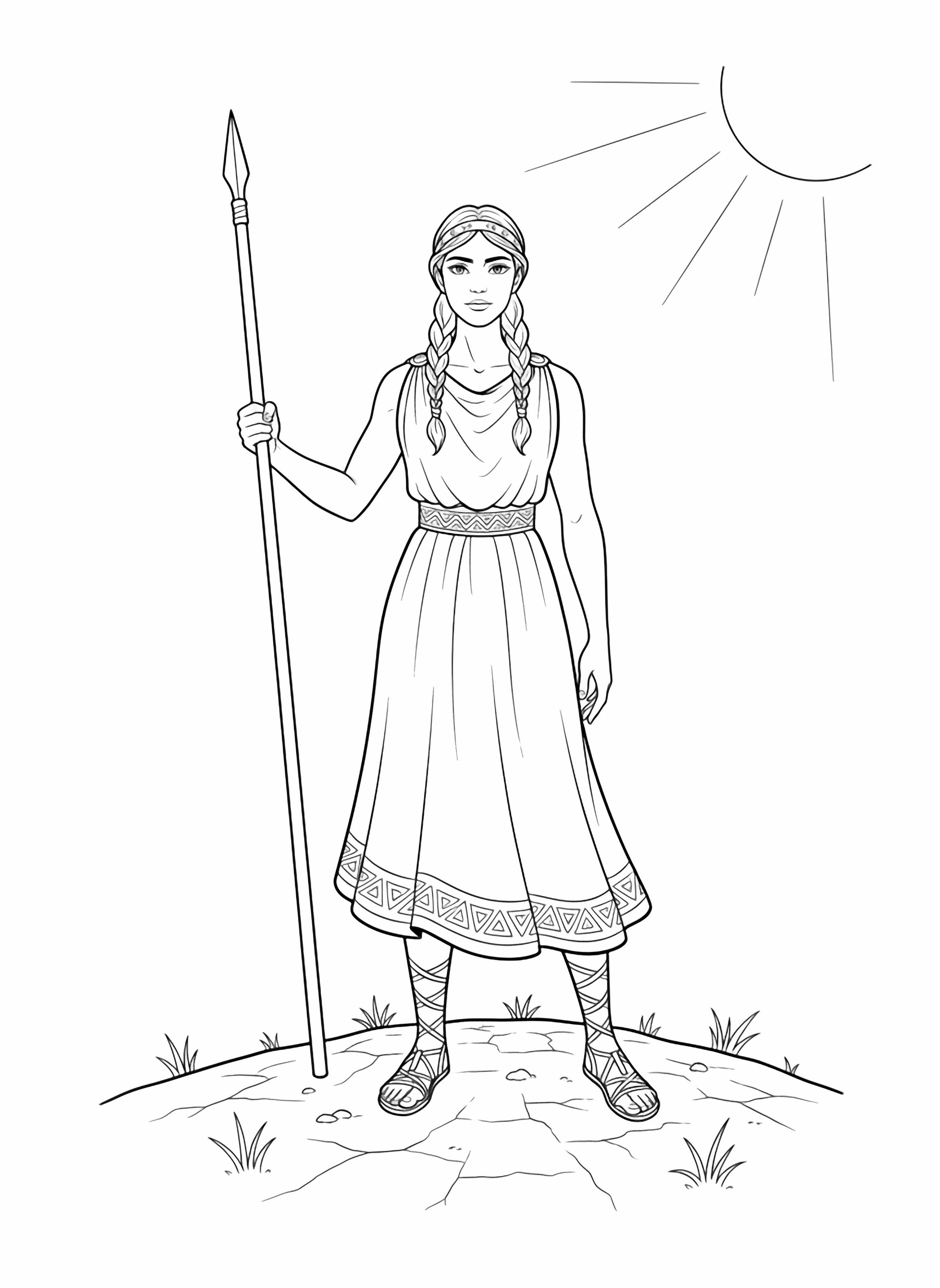 A black and white page of a brave Spartan princess standing proudly on a sun baked hill She wears a flowing peplos dress with decorative geometric patterns along the hem a simple bronze circlet in her hair and strappy sandals laced to her knees In one hand she holds a long spear clean black and white line drawing minimal shading no colour no fill kleurplaat