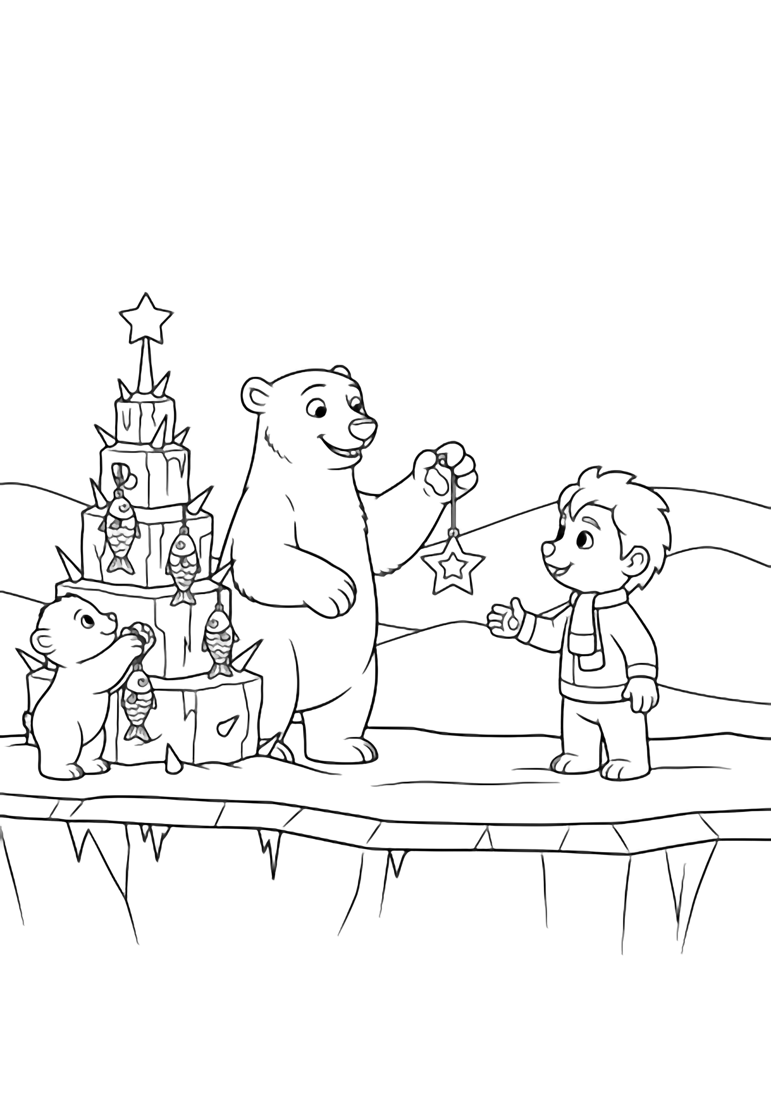 Diego offers a star-shaped fish ornament to a smiling polar bear on an ice shelf while another cub decorates a spiky ice-block Christmas tree, snowy hills behind. kleurplaat