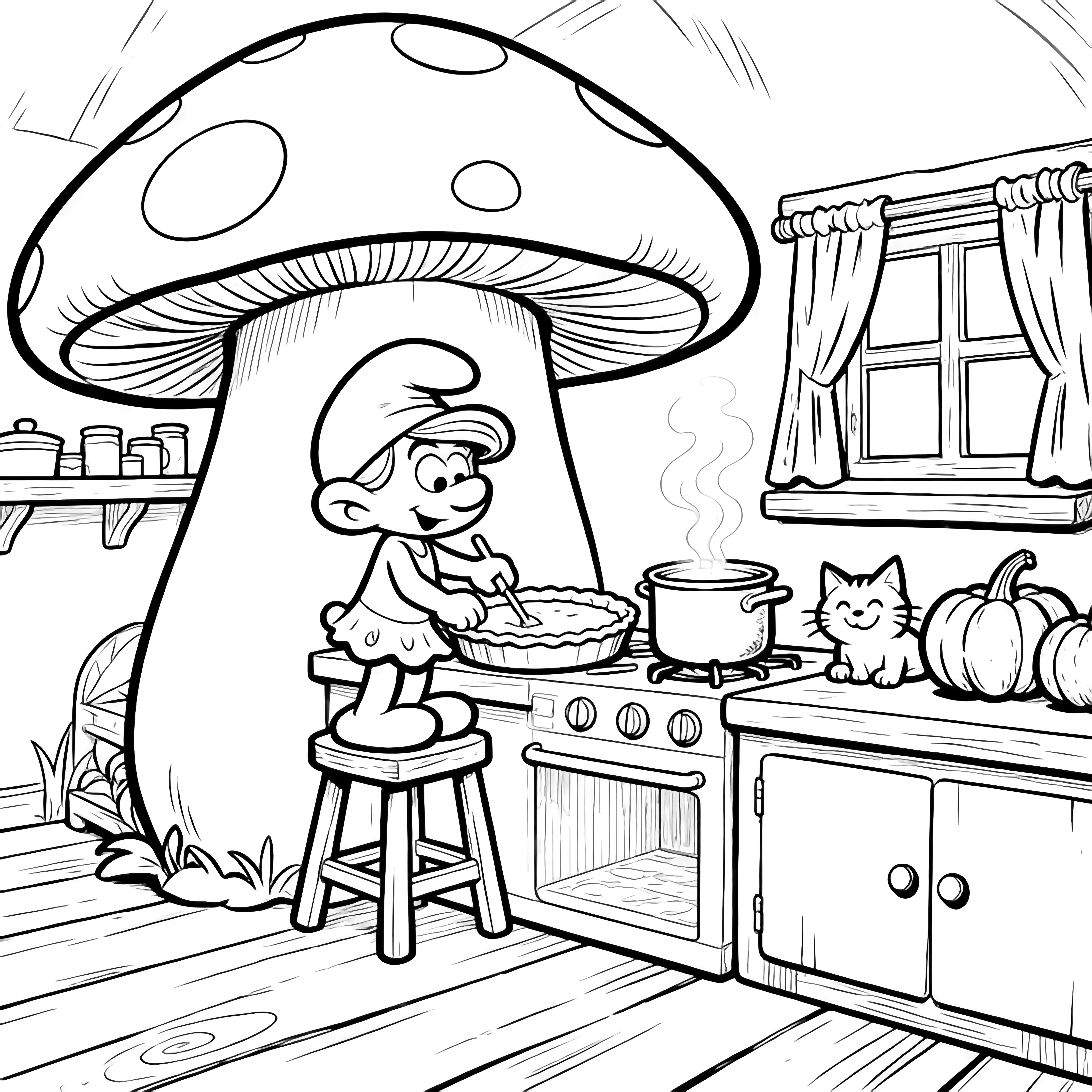 Smurfette on a stool stirs a pie tin inside a hollow mushroom kitchen; shelves, curtained window, steaming pot, cat, pumpkins, wooden floor. kleurplaat