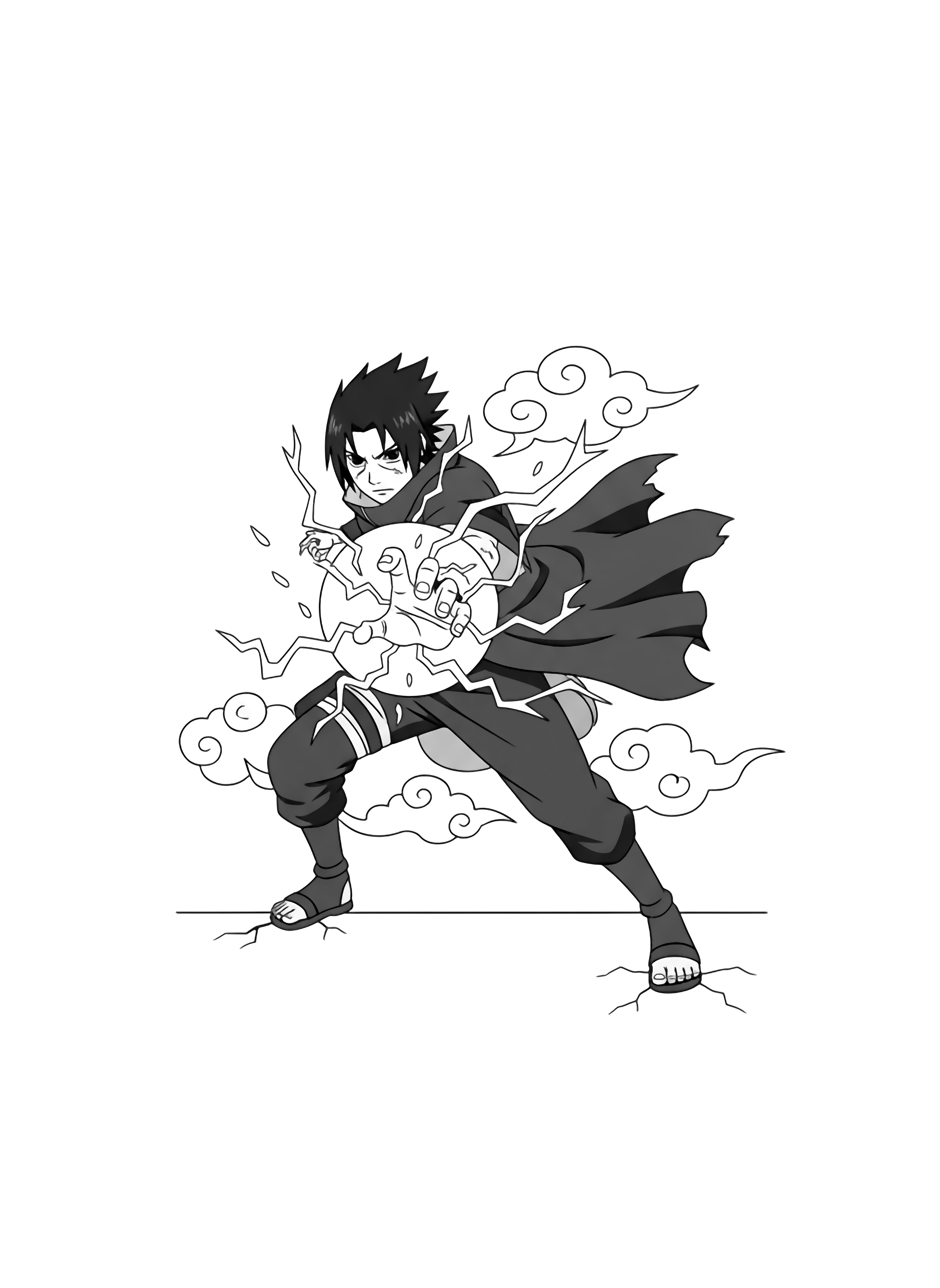 Sasuke lunges forward, right hand crackling with lightning; his hair and cloak whip back as small clouds swirl behind him. kleurplaat