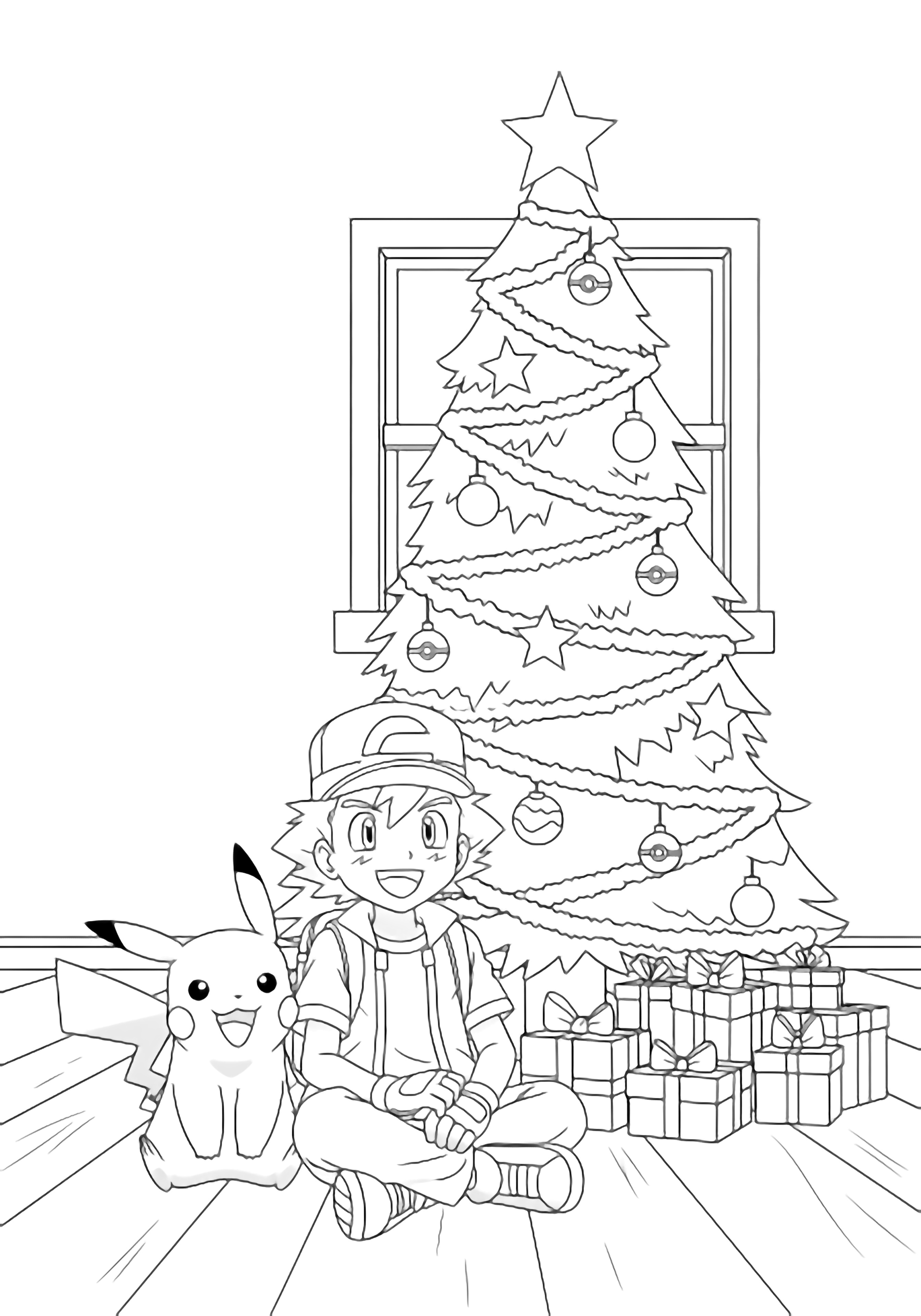 Ash and Pikachu sit cross-legged before a tall Christmas tree hung with Pok Ball ornaments and stars, presents stacked below, framed by floorboards and a window. kleurplaat