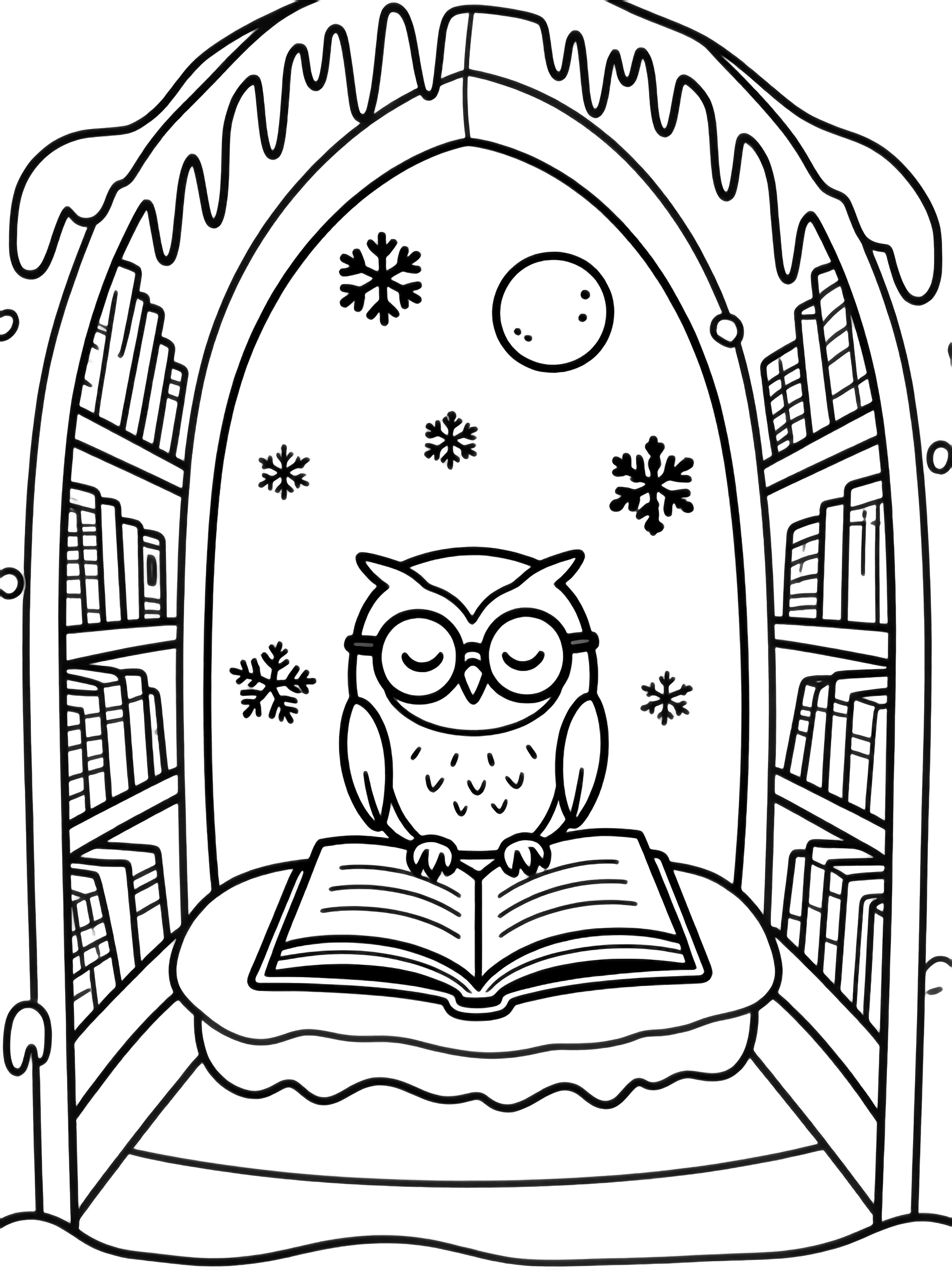 A sleepy owl in spectacles sits on an open book inside a snowflake-shaped library, curved icicle shelves above, drifting snowflakes, gentle moon. kleurplaat