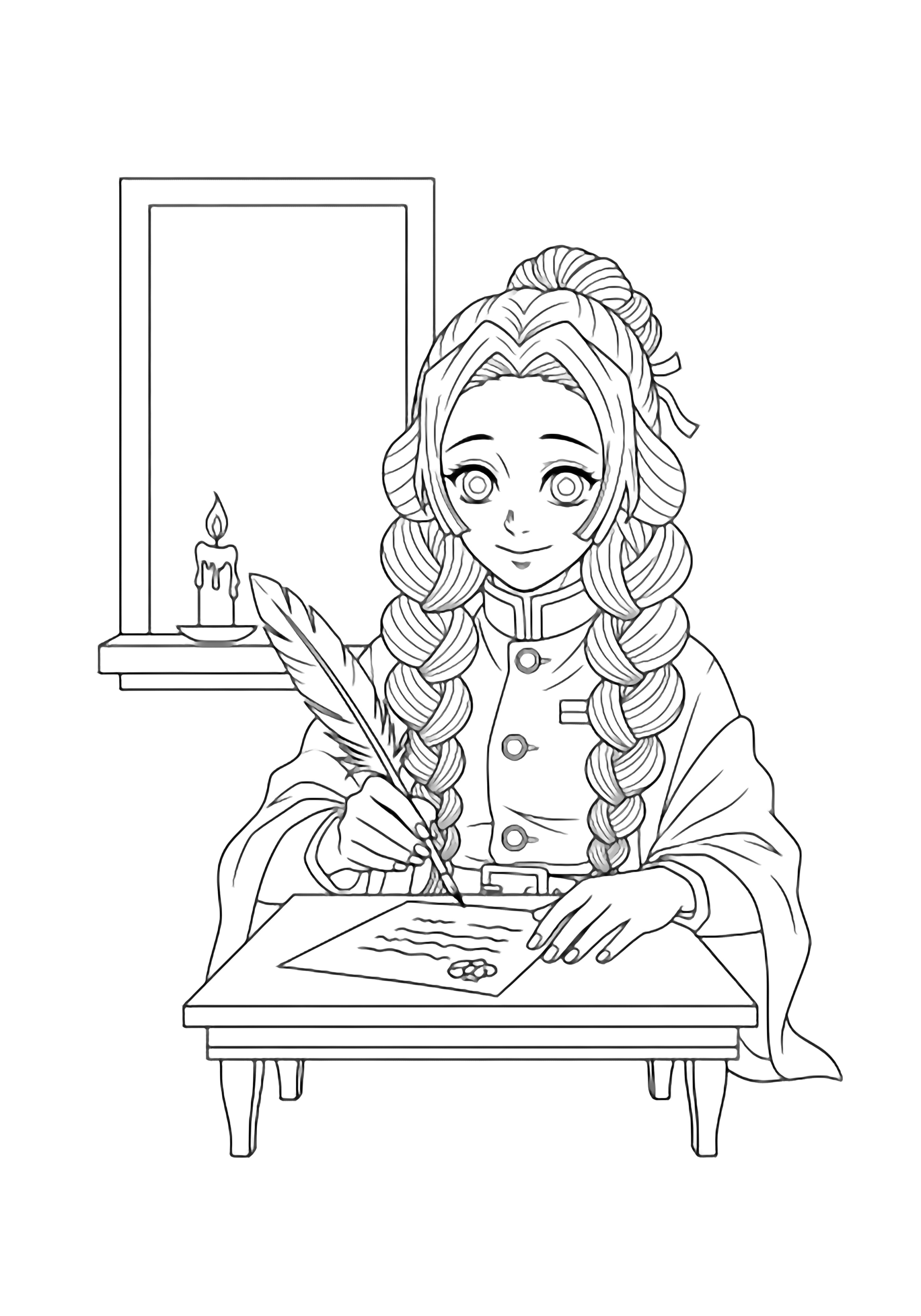 Mitsuri at a small desk, quill above an open letter, loose bun, candle and window frame behind her. kleurplaat