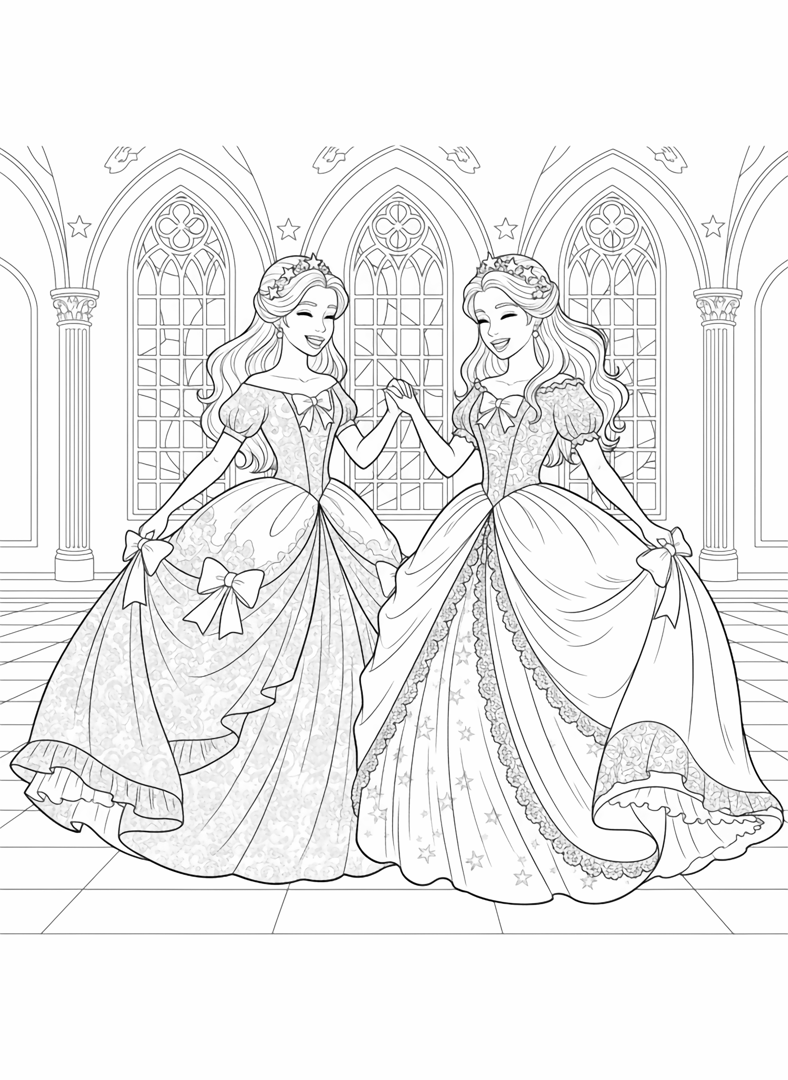 A black and white page showing two happy princesses in their grand castle Princess Isabella and Princess Sophia wear magnificent ballroom gowns with layers of ruffles intricate lace patterns and elegant bows Their hair is styled in beautiful braids decorated with star shaped hairpins They're holding hands and dancing together in the castle clean black and white line drawing minimal shading no colour no fill kleurplaat