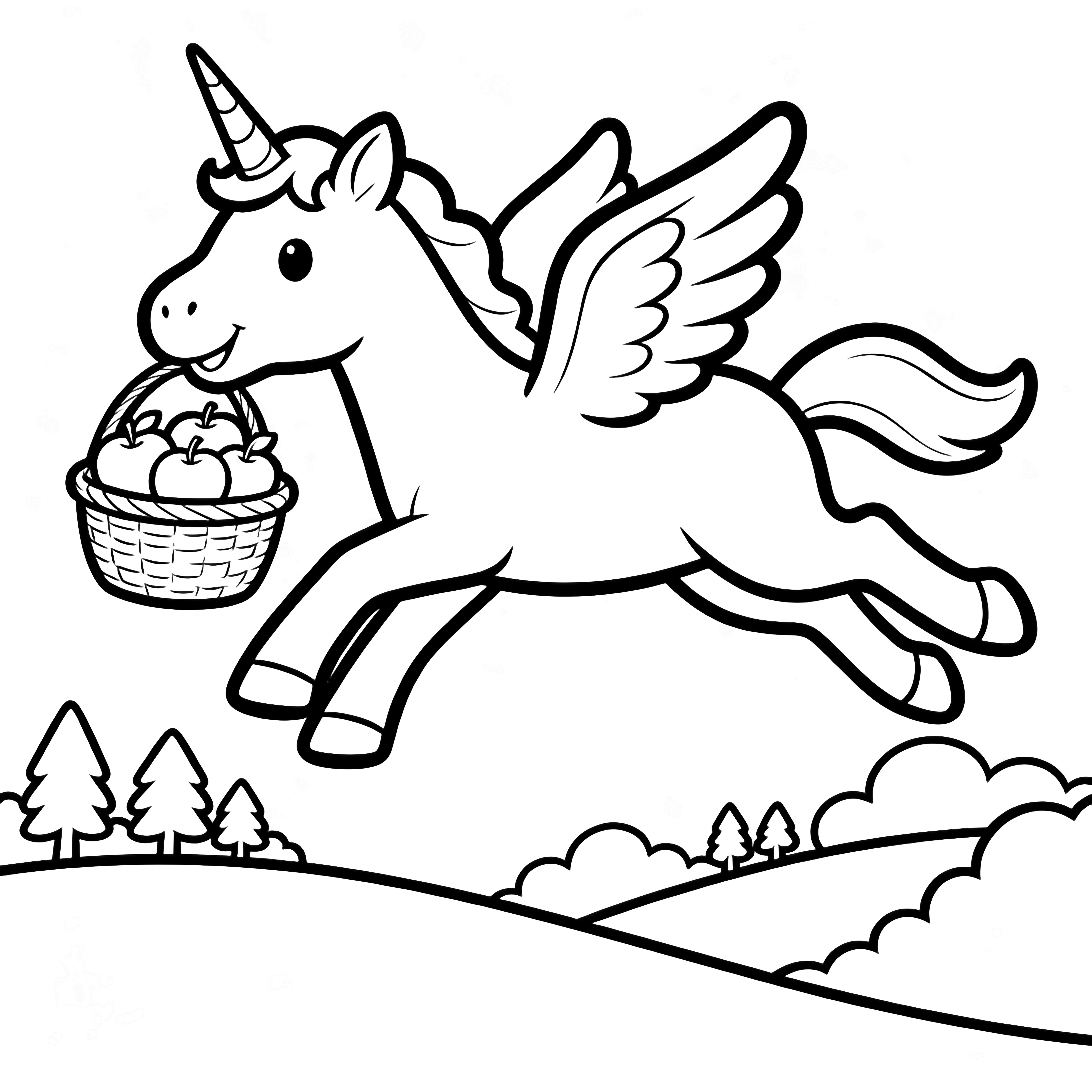 A smiling unicorn with feathered wings glides above rolling treetops, clutching a basket of apples in its mouth, clouds drifting below. kleurplaat
