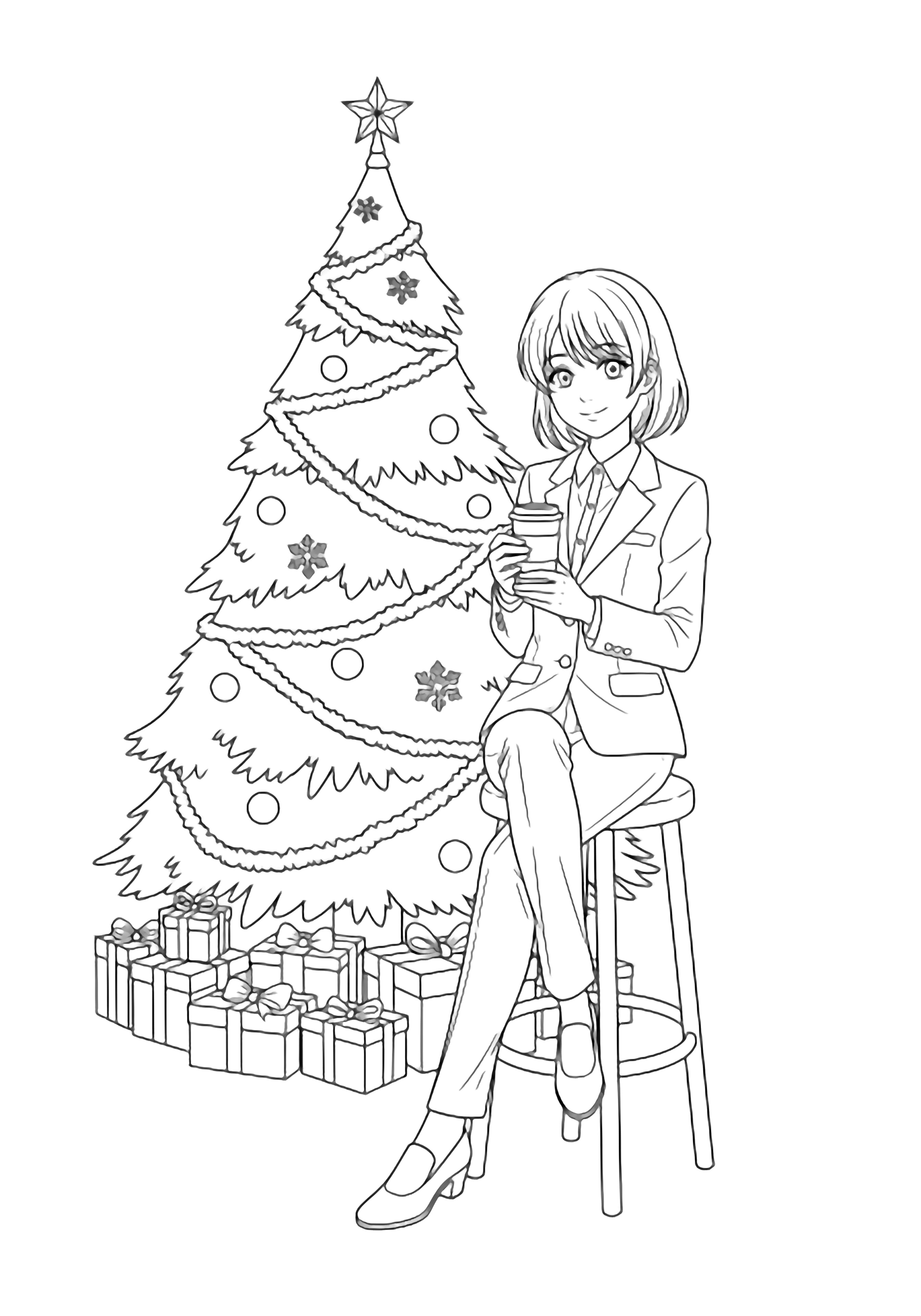 Nanami in a neat suit sits on a stool, holding a coffee cup, smiling. Behind him, a tall Christmas tree with a star, wrapped gifts, and a snowflake garland. kleurplaat