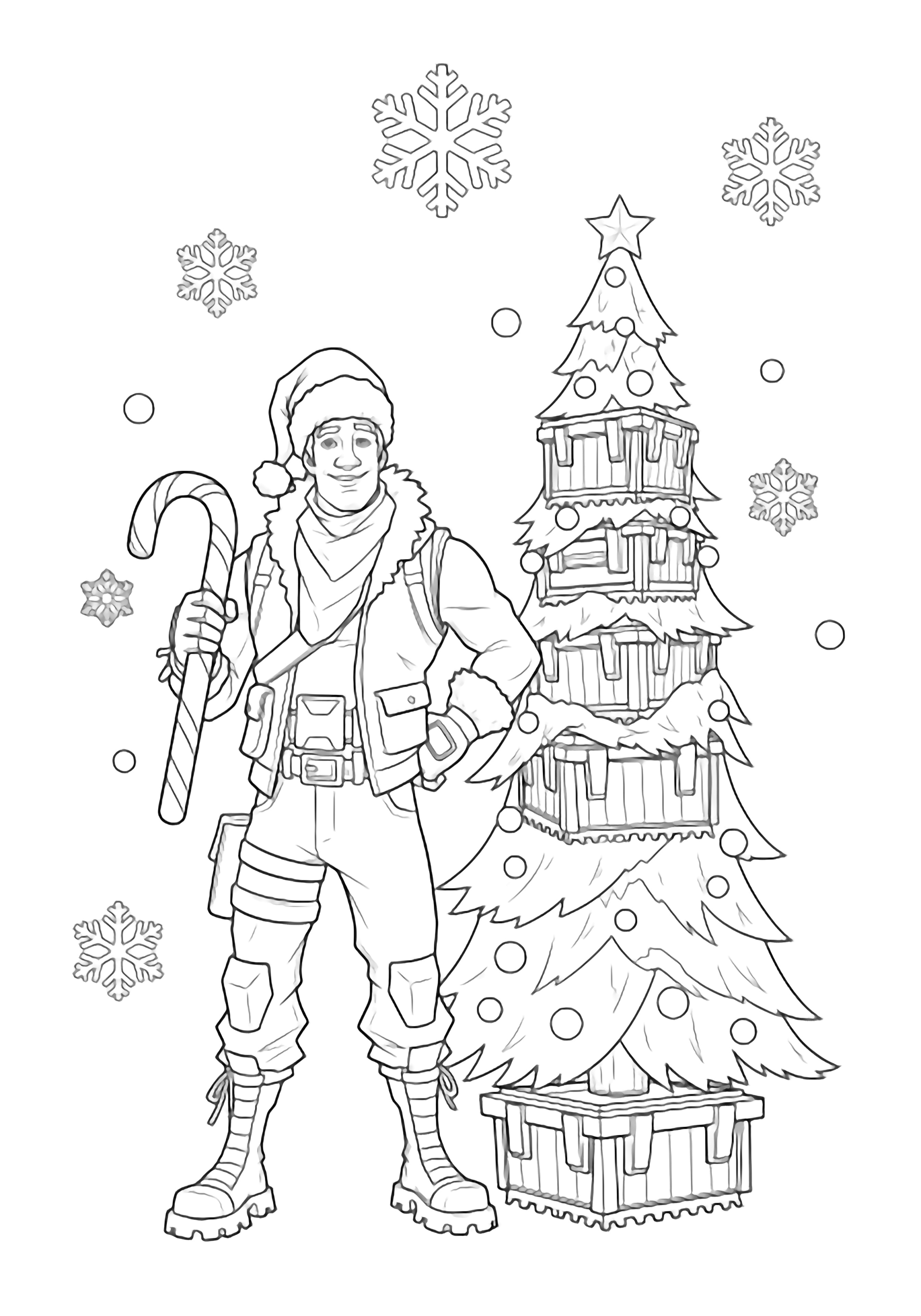 Jonesy in a Santa hat and open winter jacket, one hand on hip, holding a candy cane beside a Christmas tree made of stacked supply-drop boxes, snowflakes drifting around kleurplaat