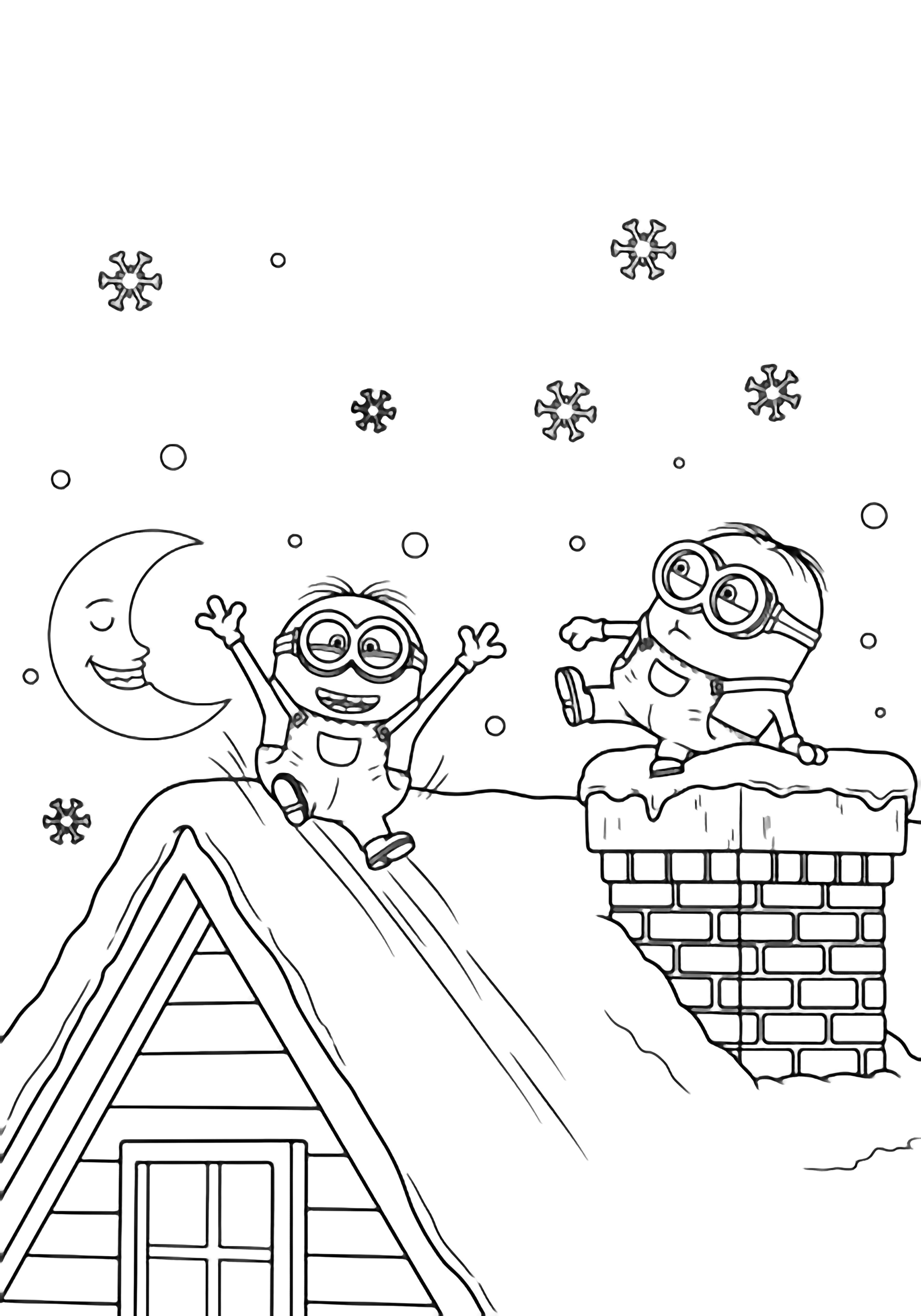 Two Minions on a snowy rooftop-one sliding down flailing, the other steadying a boot against the chimney-while snowflakes drift and a smiling moon watches. kleurplaat