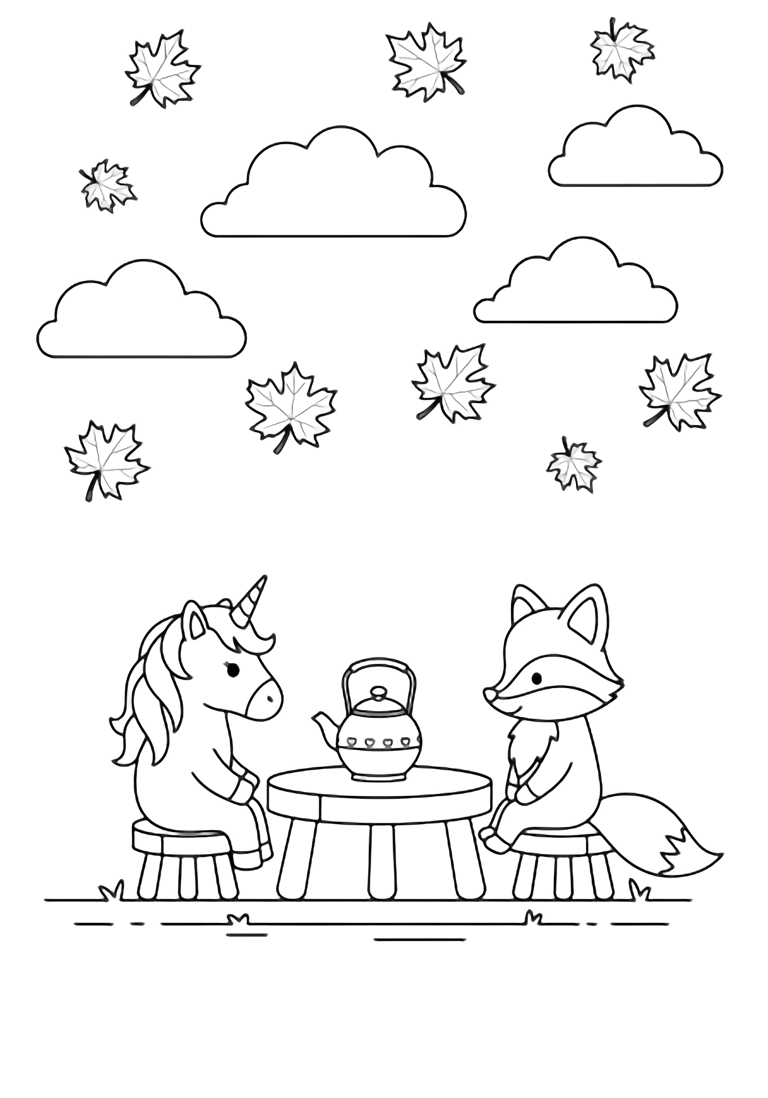 Unicorn and fox on small stools at a low table with a teapot, clouds and maple leaves above. kleurplaat