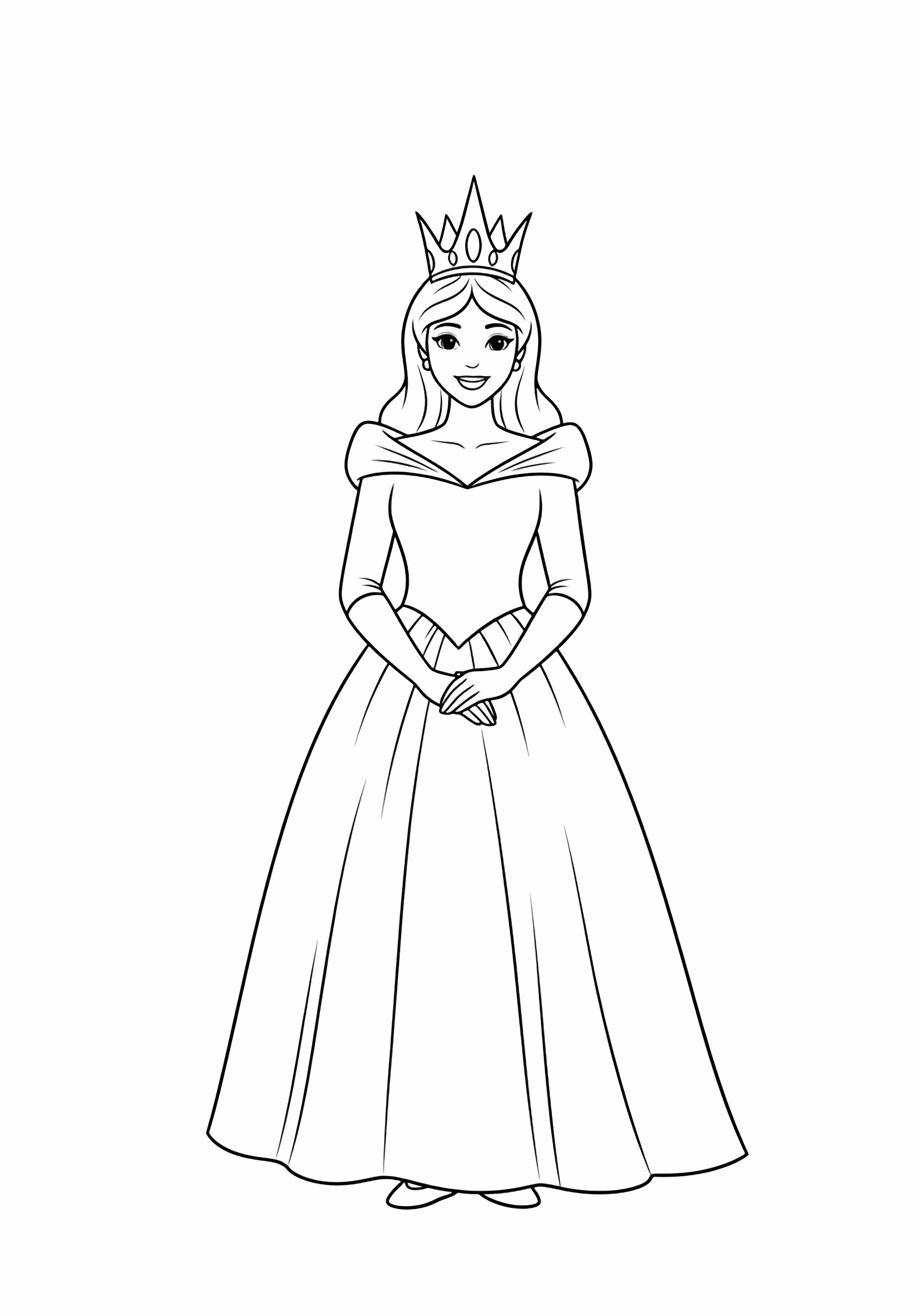 Smiling princess in flowing gown and tall pointed crown, hands clasped, centered simple pose kleurplaat