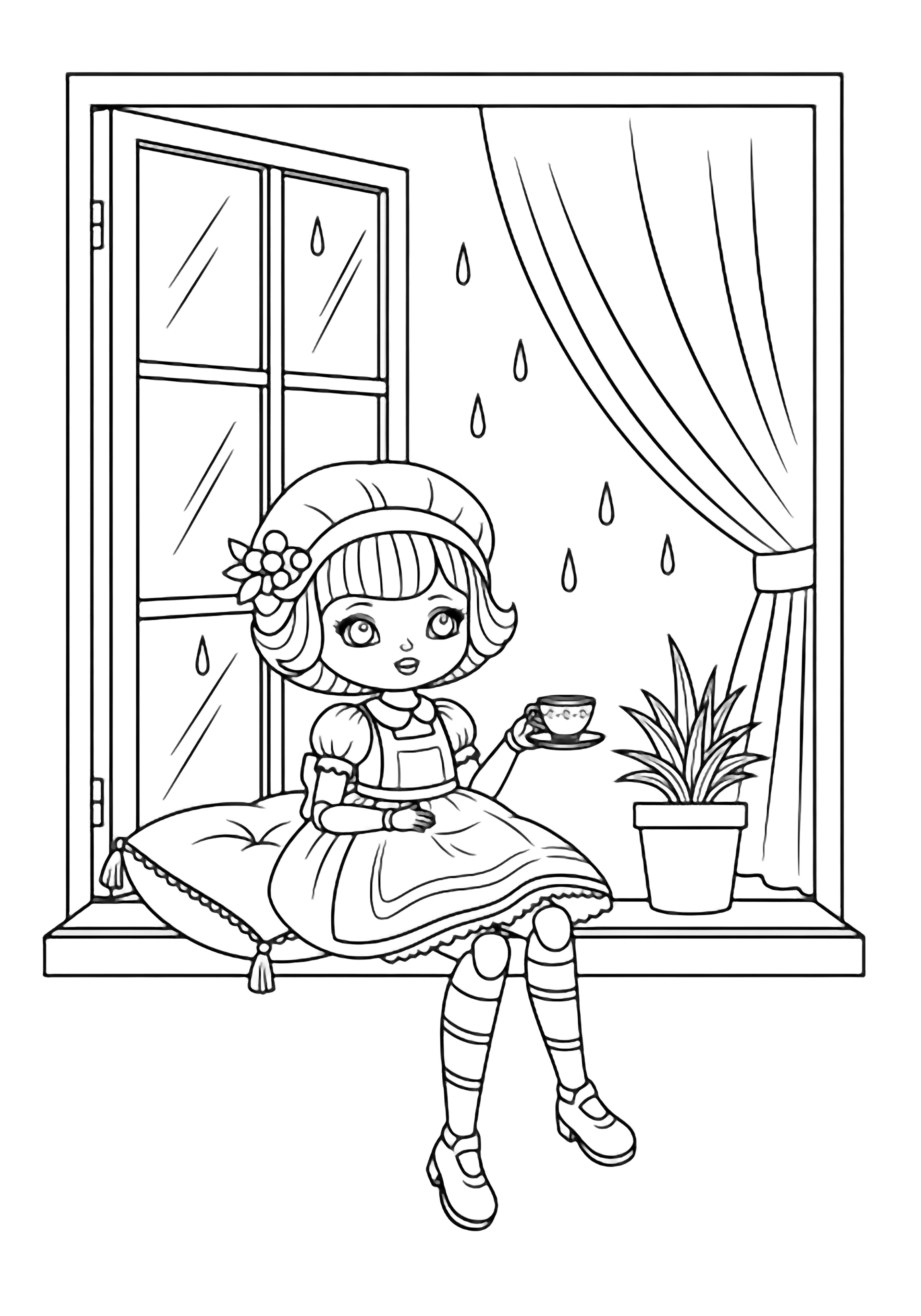A doll with dangling legs sits on a cushioned windowsill, holding a teacup while rain drips outside and curtains sway beside a potted plant. kleurplaat