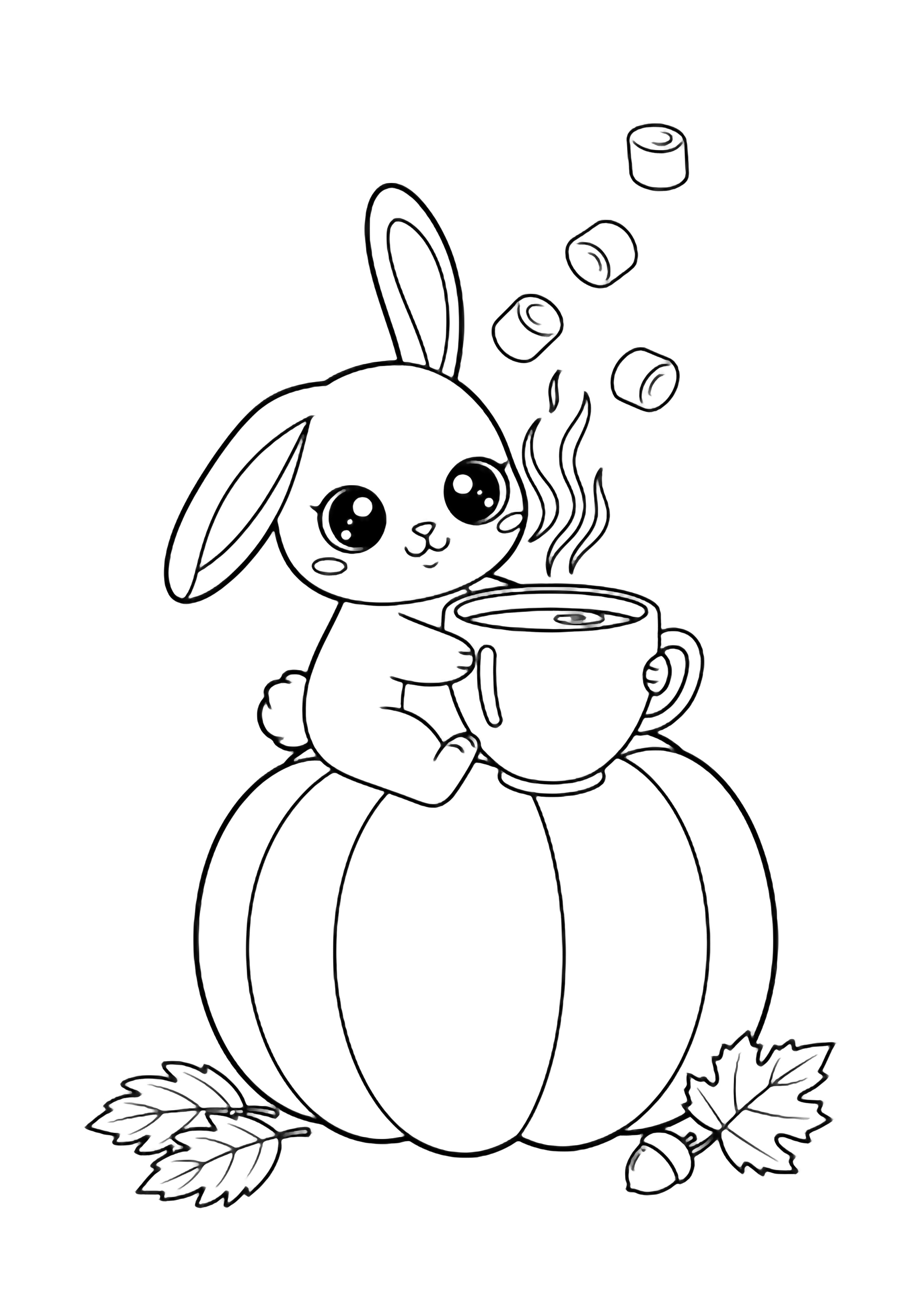 A kawaii bunny with big eyes sits on a pumpkin, hugging a round mug while steam and five marshmallows float above; two fallen leaves and an acorn rest nearby. kleurplaat