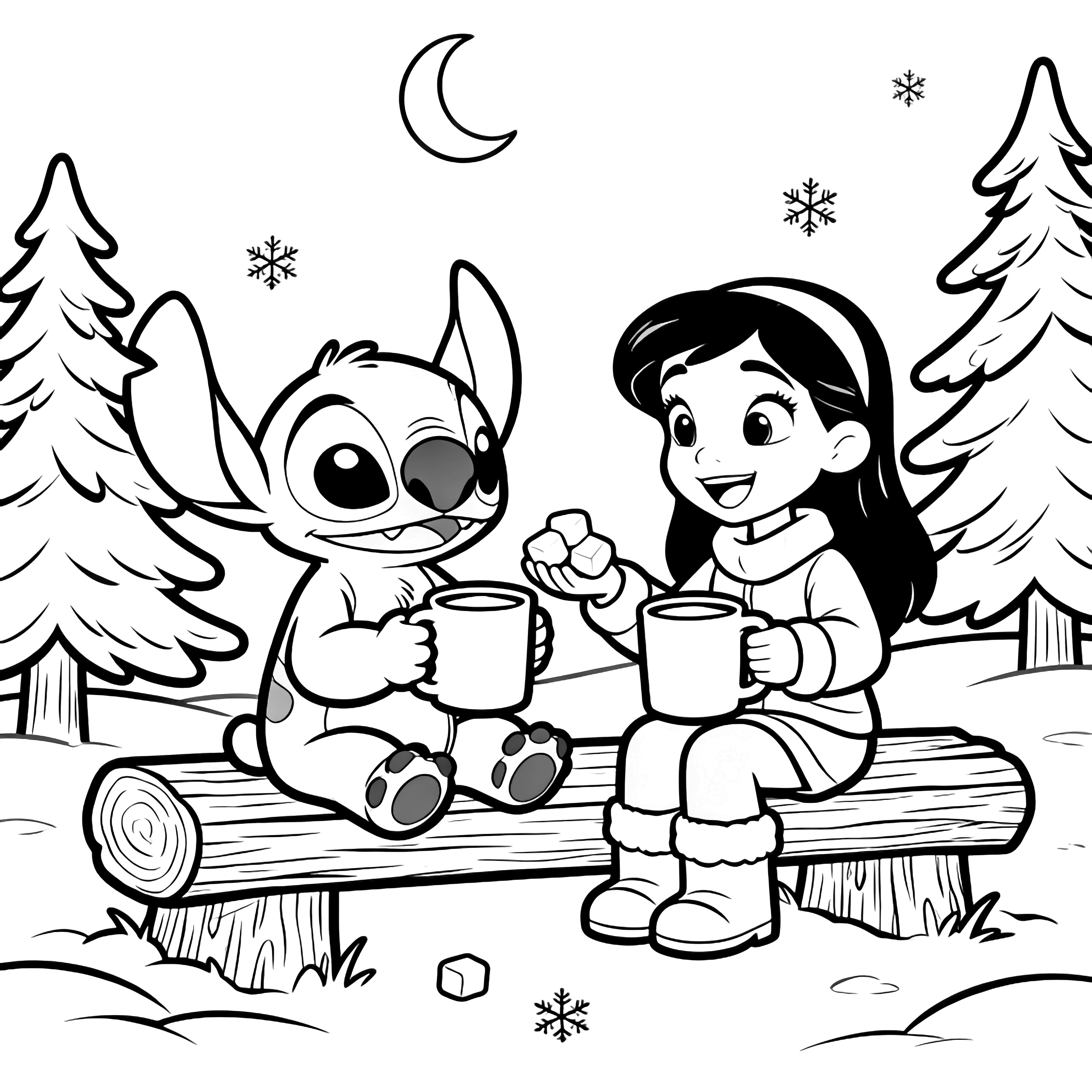 Stitch en Mabel zitten op een boomstambank met mokken; Stitch grijnst terwijl Mabel marshmallows aanbiedt, met dennenbomen, een halve maan en sneeuwvlokken eromheen. kleurplaat