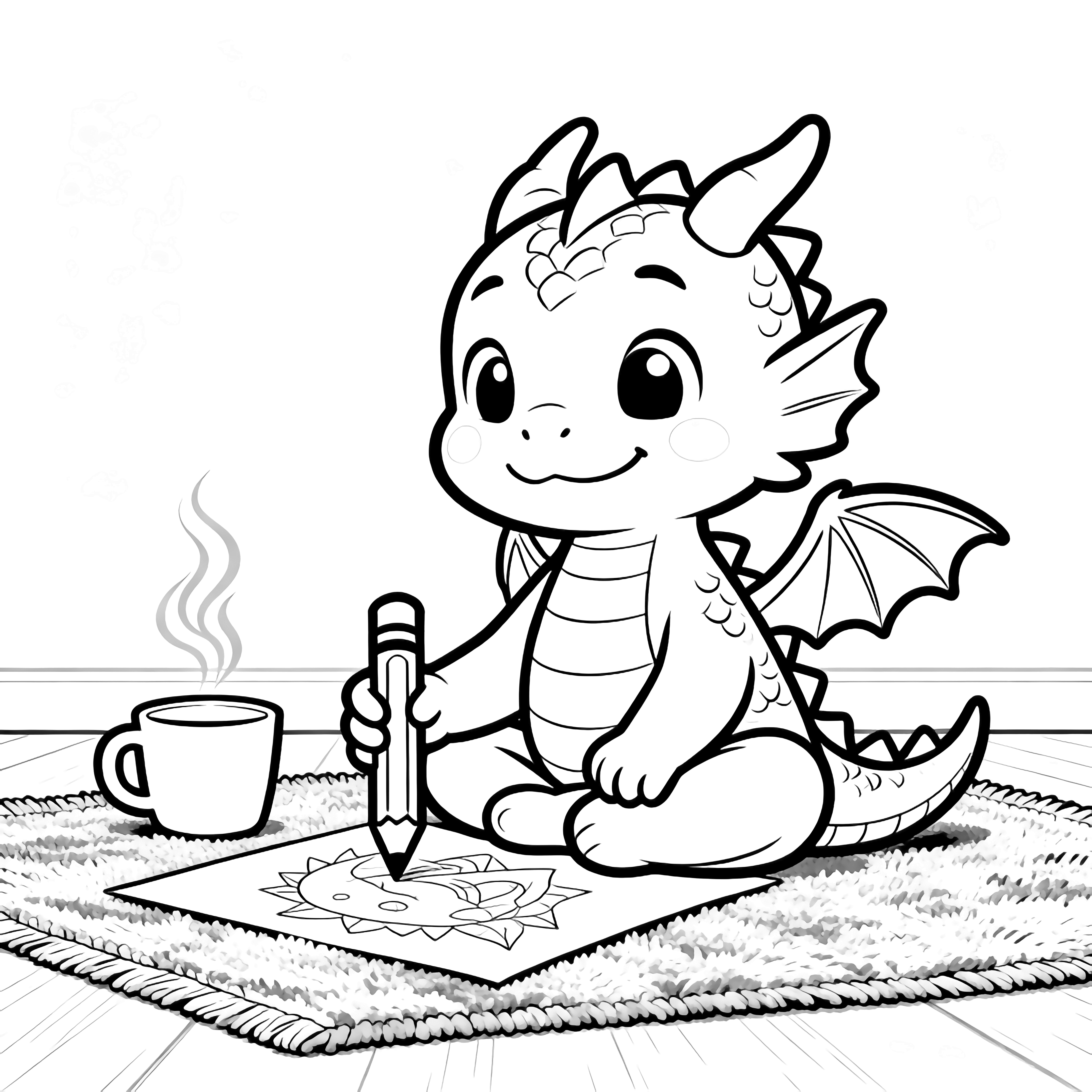 A smiling baby dragon sits cross-legged on a rug, coloring with a chunky crayon; a steaming cup sits nearby. kleurplaat