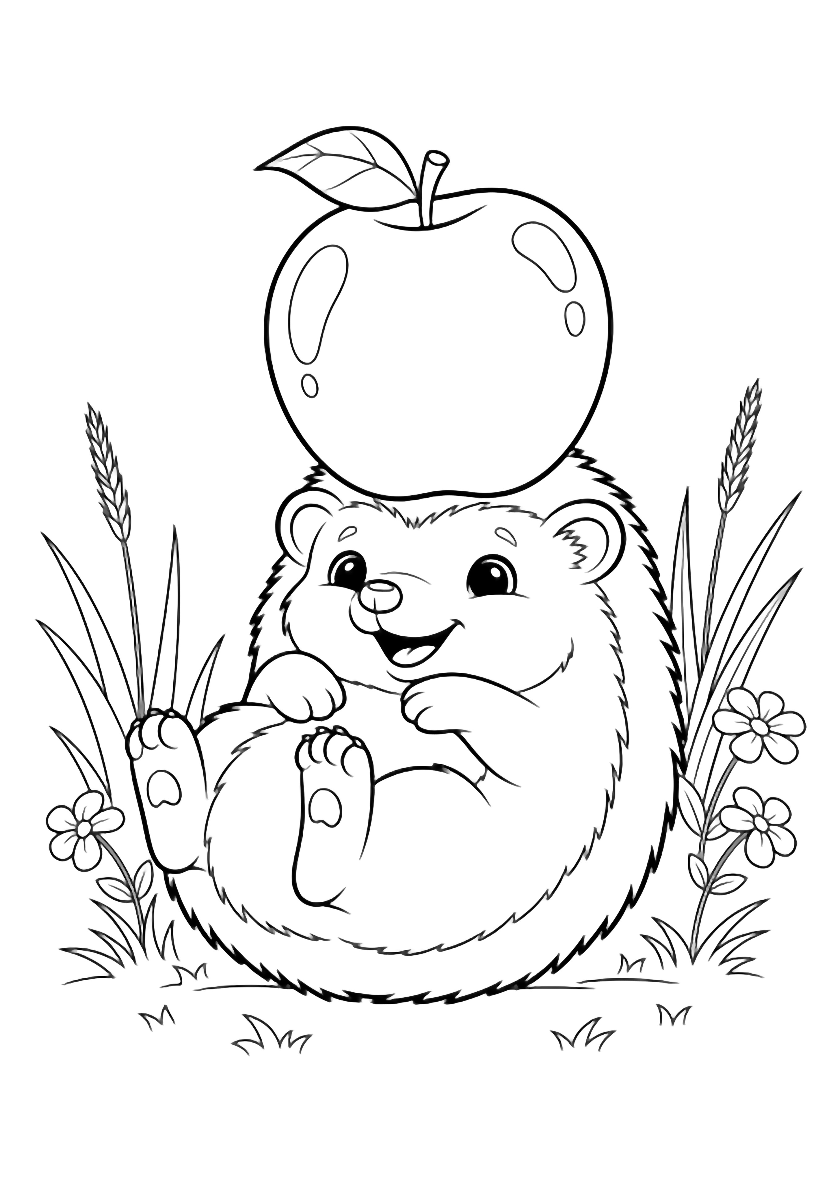 A baby hedgehog lies on its back, hugging a big round apple on its belly, surrounded by simple grass and a few flowers. kleurplaat