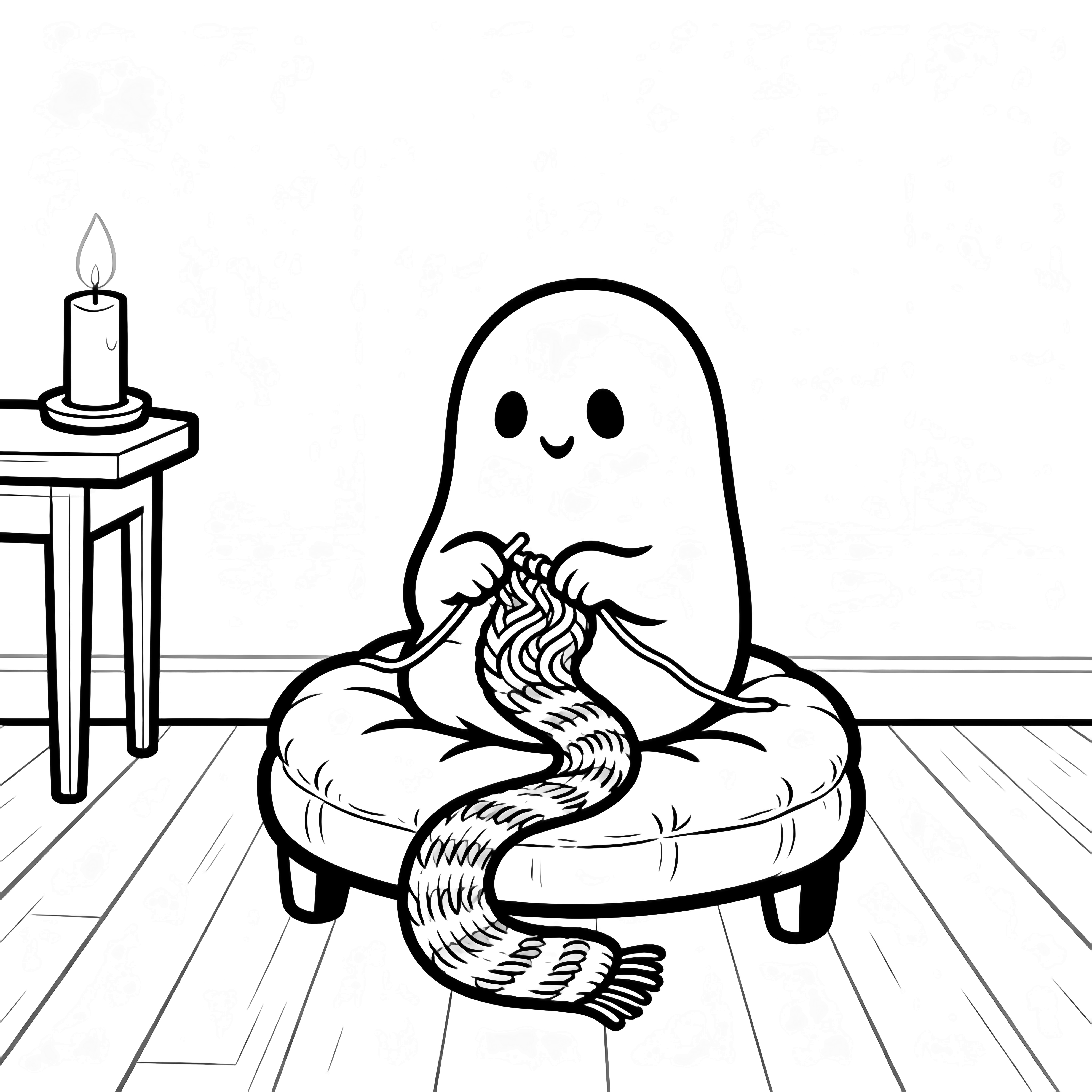 Tiny ghost on a stool knitting a long scarf; candle glows on a side table in a quiet room with floorboards and bare wall. kleurplaat