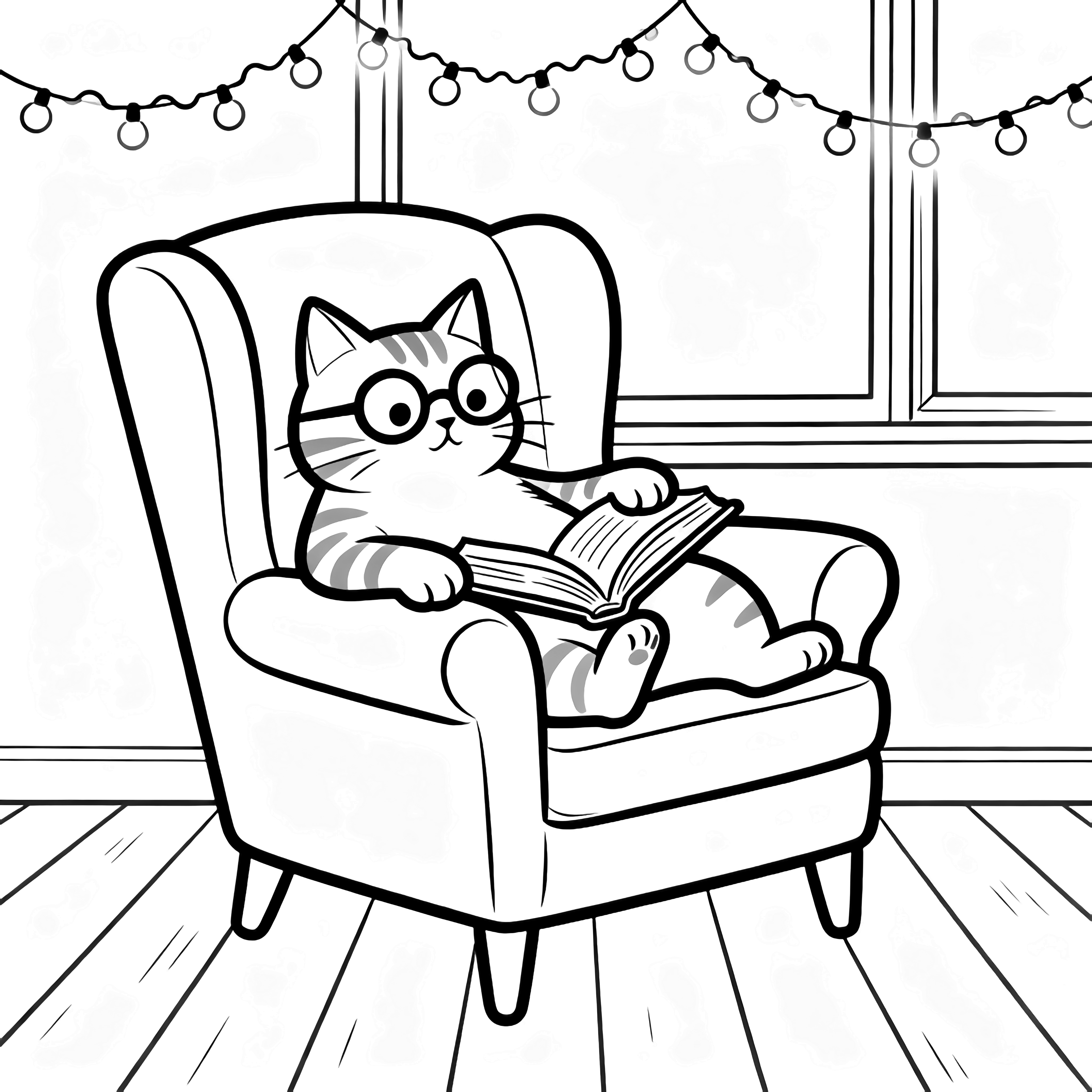 A bespectacled cat lounges in a cushy chair, paws on an open book, beneath dangling fairy-light loops, with floorboards and a window behind. kleurplaat